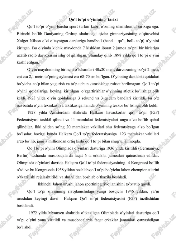 jahon sportining rivojlanishini to’xtatib quydi. qo’l to’pi o’yinining rivojlanishidagi yangi bosqichi 1946 yildan, ya’ni urushdan keyingi davri halqaro qo’l to’pi federatsiyasini (igf) tuzilishidan boshlandi. 1972 yilda myunxen shahrida o’tkazilgan olimpiada o’yinlari dasturiga qo’l to’pi o’yini yana kiritildi va musobaqalarda faqat erkaklar jamoalari qatnashdigan bo’lishdi. 1976 yilda monreal shahrida o’tkazilgan xx1 olimpiada o’yinlari dasturidan qo’l to’pi o’yini to’laqonli ravishda joy oldi. musobaqalarda erkaklar jamoalari bilan bir qatorda ayollar jamoalari ham ishtirok etish huquqini olishdi. olimpiya o’yinlari natijalari ( erkaklar) soni o’tkazilgan yili 1- o’rin 2-o’rin 3-o’rin xx 1972 yugoslaviya chexoslovakiya ruminiya xx1 1976 sobiq sovet ittifoqi ruminiya polsha xx11 1980 gdr sobiq sovet ittifoqi ruminiya xx111 1984 yugoslaviya gfr ruminiya xx1u 1988 sobiq sovet ittifoqi janubiykoreya yugoslaviya xxu 1992 mdx shvetsiya frantsiya xxu1 1996 xorvatiya shvetsiya frantsiya xxu11 2000 rossiya shvetsiya ispaniya xxu111 2004 xorvatiya germaniya rossiya xx1x 2008 frantsiya islandiya ispaniya ( ayollar) soni o’tkazilgan yili 1 -o’rin 2-o’rin 3-o’rin …
