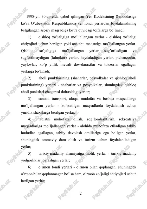 20761,6 ming gektarni tashkil etgan (1jadval). o’zbekiston respublikasining yer fondi kadastr agentligi tomonidan har yili 1-yanvar holati bo’yicha korxona, muassasa va tashkilotlarning yerlaridagi barcha o’zgarishlar to’g’risidagi ma’lumotlar, xo’jaliklar tomonidan yer hisobi hujjatlari asosida tuzilgan hamda tuman, shahar va viloyat hokimlarining qarorlari bilan tasdiqlangan yillik yer hisobotlarini respublika bo’yicha umumlashtirish natijasida tuziladi. 2020-yil 1-yanvar holatiga ko’ra, qishloq xo’jaligi korxonalari va tashkilotlari yerlarning umumiy maydoni mamlakatimiz yer fondining 46,2 foizini tashkil qiladi. jadval ma’lumotlaridan ko’rinadiki, 2020-yilda 2017-yilga nisbatan qishloq xo’jaligi ishlab chiqarishi bilan shug’ullanuvchi yerdan foydalanuvchilar ixtiyoridagi yer maydoni 587,6 ming gektarga ko’paygan. shu davrda haydaladigan yerlar 16,3 ming gektarga kamaygan, ko’p yillik o’simliklar maydoni 17,5 ming gektarga, pichanzor va yaylovlar maydoni 539,1 ming gektarga, boshqa yerlar esa 47,3 ming gektarga ko’paygan. mamlakatimiz qishloq xo’jaligida sug’oriladigan yerlar muhim ahamiyatga ega. chunki mamlakatimiz iqlim sharoitida dehqonchilik asosan sug’oriladigan maydonlarda amalga oshiriladi. turli mavsumlarda yog’ingarchiliklar ko’rinishida tushadigan tabiiy namgarchilik darajasi o’simliklarning butun vegetatsiya davri …