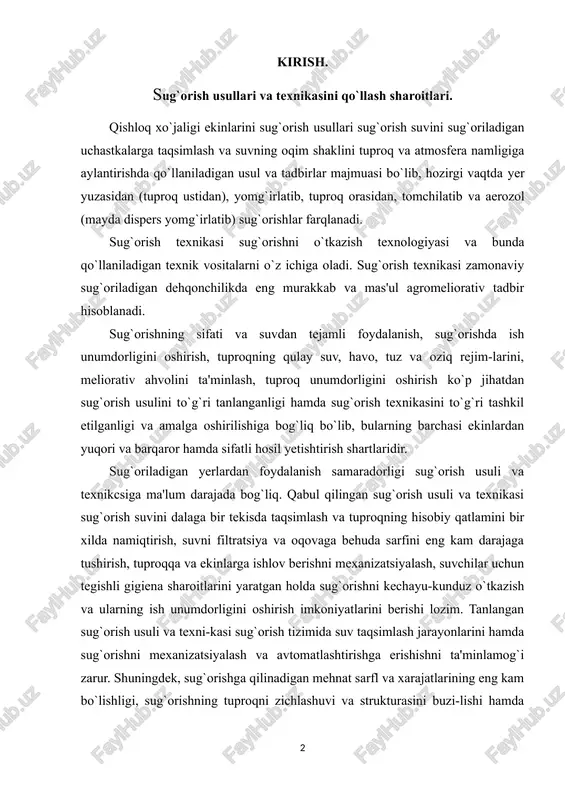 arayonlarini hamda sug`orishni mexanizatsiyalash va avtomatlashtirishga erishishni ta'minlamog`i zarur. shuningdek, sug`orishga qilinadigan mehnat sarfl va xarajatlarining eng kam bo`lishligi, sug`orishning tuproqni zichlashuvi va strukturasini buzi-lishi hamda irrigatsiya eroziyasiga sabab bo`luvchi salbiy ta'sirini eng kam darajada bo`lishi, mazkur usulni ma'lum bir tabiiy sharoitda qo`llash mumkinligi e'tiboiga olinadi qishloq xo`jaligi ekinlarini sug`orish usullari va texnikasini tanlashda joyning iqlim, geomorfologik, gidrogeologik sharoitlari, biologik, xo`jalik, iqtisodiy va boshqa bir qator omillarni e'tiboiga olish talab etiladi. hududning nam bilan ta'minlanganlik darajasi, suvning bug`lanishga sarfi, havoning harorati va nisbiy namligi, shamolning tezligi va yo`nalishi kabi muhim iqlim elementlari ham hisobga olinishi lozim. hududning nam bilan ta'minlanganlik darajasi bug`lanish kamomadi (mavsum davridagi utnumiy bug`lanish (e) va yog`in suvlaridan foydalanish (p) miqdorlari farqi: d=e-p) va namlanish koeffitsienti (pn) ko`rsatkichlari bilan tavsiflanadi. qabul qilingan sug`orish usuli va texnikasi ushbu kamomadni to`liq yoki undan ko`proq miqdorda ta'minlay olishi zarur. shamolning tezligi, takrorlanish jadalligi, davomiyligi, yo`nalishi yomg`irlatib sug`orish samaradorligini belgilovchi asosiy …