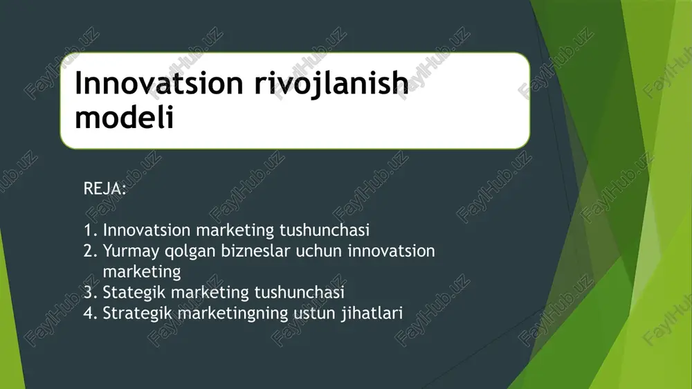 lida, ichki iqtisodiy muhit tashqi sharoitlar bilan muvozanatga keltiriladi. strategik marketing bir vaqtning o'zida bitta kompaniyani rivojlantirish dasturini yoki bir nechta rejalarni yaratishni o'z ichiga olishi mumkin. muvaffaqiyatning kaliti - bu reklama qilinadigan mahsulotga, kompaniya vakili bo'lgan bozorga nisbatan samarali bo'ladigan strategiyani tanlash. strategiya quyidagilarni o'z ichiga olishi mumkin: biznes aloqalarini kengaytirish; firmaning ichki tuzilishini takomillashtirish; yangi bozorlarni rivojlantirish; istiqbolsiz sohada faollikning pasayishi; zararli faoliyat sohalarini yopish; chet elda filiallar ochish; strategik marketing yuridik shaxs tanlagan bozor xususiyatlarini hisobga oladigan qandaydir dasturdan foydalanishni nazarda tutadi. turli kompaniyalar bir-biridan tubdan farq qiladigan dasturlardan foydalanadilar - hamma narsa individualdir, shuning uchun kompaniya faoliyatining xususiyatlarini hisobga olgan holda o'z rejangizni o'zingiz ishlab chiqishingiz kerak. ishning ajralmas vositalari orasida matematik bozor modellari, o'yin nazariyasi qonunlari, xavflarni tahlil qilish va eng mos rivojlanish yo'llarini tanlash mavjud. firmaning strategik marketingi bir vaqtning o'zida bir nechta yondashuvlarni birlashtirishi mumkin. kompaniyani uzoq muddatli istiqbolda rivojlantirish dasturini ishlab chiqishda …