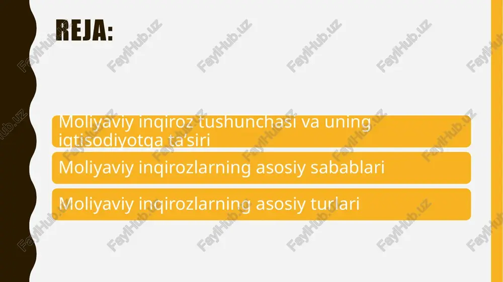 qirozi. ushbu inqiroz 1997 yil iyul oyida tailand bahti qulashi bilan boshlandi. chet el valyutasi etishmayotganligi sababli tailand hukumati aqsh dollaridagi qoziqdan voz kechishga va bahtning suzishiga yo'l qo'yishga majbur bo'ldi. natijada sharqiy osiyoning katta qismiga tarqalib ketgan katta devalvatsiya, shuningdek, yaponiyani ham urib yubordi va qarzning yaimga nisbati ulkan o'sishiga olib keldi. uning ketidan inqiroz moliyaviy tartibga solish va nazoratni yaxshilashga olib keldi. 2007-2008 yillarda jahon moliyaviy inqirozi. ushbu moliyaviy inqiroz 1929 yildagi qimmatli qog'ozlar bozoridagi inqirozdan keyingi eng yomon iqtisodiy falokat bo'ldi. 2007 yildagi ipoteka krediti inqirozidan boshlanib, 2008 yil sentyabr oyida lehman brothers investitsiya bankining ishlamay qolishi bilan global bank inqiroziga aylandi. katta yordam va boshqa choralar zararning tarqalishini cheklashga qaratilgan bo'lib, jahon iqtisodiyoti tanazzulga yuz tutdi. global moliyaviy inqiroz hali ham 2023 yilda boshlanishi mumkin o'tgan o'ta past foiz stavkalari davrida davlat va xususiy qarzlar rekord darajaga ko'tarilganligi va retsessiya xavfi yuqori bo'lganligi sababli, global moliya …