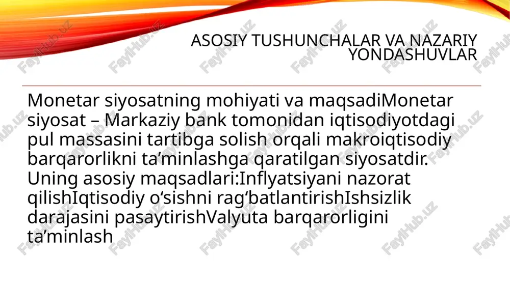 avfini keltirib chiqarishi mumkin. turli mamlakatlarda qo‘llanilayotgan monetar siyosat qoidalari aqsh – inflyatsiya va ish o‘rinlarini yaratishga e’tibor qaratiladi. yevropa ittifoqi – narxlar barqarorligini ta’minlash asosiy maqsad. yaponiya – past foiz stavkalari va pul-kredit yumshoq siyosati olib boriladi. monetar siyosat: xarakatdagi pul miqdorini belgilash, uni qat’iy nazorat qilish; tijorat banklari faoliyatini ko’zatib borish: kredit emissiyasini bajarib borish; davlat oltin – valyuta zaxirasini yaratish va foydalanishni ko’zda tutadi. davlat xarajatlari va soliqqa tortish bo’yicha chora – tadbirlar ko’rish orqali mamlakatdagi ijtimoiy – iqtisodiy muammolarni yechishga qaratilgan siyosat fiskal siyosat deyiladi. fiskal siyosatning asosiy vazifasi iqtisodiy siyosatni amalga oshirish uchun davlat pul fondlarini markazlashgan tarzda tashkil etish va ishlatish orqali iqtisodiy barqarorlikni ta’minlash. fiskal siyosat avtomatik va diskresion siyosatga bo’linadi. avtomatik deganda xukumat tomonidan qo’shimcha chora – tabirlar belgilamay mavjud iqtisodiy mexanizm orqali iqtisodiy o’zgarishlarga moslashuvchan siyosat tushuniladi. soliq to’zilmalarini iqtisodiy kon’yuktura o’zgarishiga boђliqligi va boshqalar. diskresion (lotincha dissrecio – o’z qaroriga …