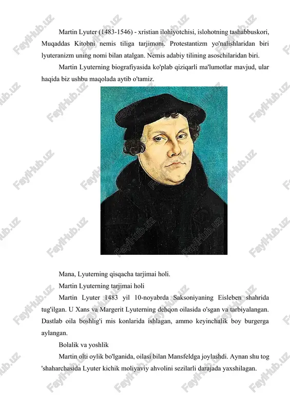 uning yaqin do'stining to'satdan o'limi, shuningdek, gunohkorligini anglash edi. monastirda hayot monastirda lyuter katta ruhoniylarga xizmat qildi, minorani soatiga burab qo'ydi, hovlini supurdi va boshqa ishlarni amalga oshirdi. ba'zida rohiblar uni shaharga sadaqa so'rab yuborishgani qiziq. bu yigit mag'rurlik va behuda tuyg'usini yo'qotishi uchun qilingan. martin taxminan barcha ko'rsatmalarni bajarib, ustozlariga bo'ysunmaslikka jur'at etmadi. shu bilan birga, u oziq-ovqat, kiyim-kechak va dam olishda juda mo''tadil edi. taxminan bir yil o'tgach, u monastirlik bilan kechki ovqatni qabul qildi va bir yildan so'ng u ruhoniy etib tayinlandi va birodar avgustin bo'ldi. 1508 yilda lyuter vittenberg universitetiga dars berish uchun yuborilgan va u erda avliyo avgustinning asarlarini g'ayrat bilan o'rgangan. shu bilan birga, u ilohiyotshunos doktori bo'lishni orzu qilib, qattiq o'qishni davom ettirdi. muqaddas bitikni yaxshiroq tushunish uchun u chet tillarini puxta o'rganishga qaror qildi. martin taxminan 28 yoshda bo'lganida, rimga tashrif buyurgan. ushbu sayohat uning keyingi tarjimai holiga ta'sir qildi. u katolik …