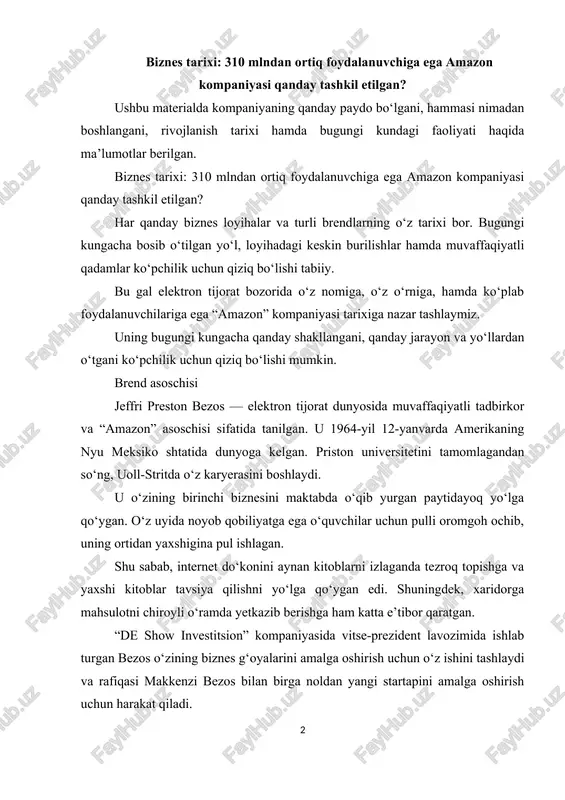keyinchalik bezos 2000-yilda “blue origin” nashriga asos solib, kosmik tadqiqotlar sohasiga kirishadi. bundan tashqari, 2013-yilda u “the washington post” gazetasiga ham rahbarlik qildi. bezosning qat’iyati va zukko ishbilarmonligi uni bugunga kelib, dunyoning eng badavlat shaxslaridan biriga aylantirdi. “forbes” nashri ma’lumotlariga ko‘ra, uning boyligi $181,3 mlrdga teng. amazonning yaratilishi jeff bezos “amazon"ga 1994-yil 5-iyulda vashingtonning bellevyu shahridagi garajida asos solgan. u kitoblar uchun onlayn bozor sifatida boshlangan, ammo elektronika, dasturiy ta’minot, video o‘yinlar, kiyim-kechak, mebel, oziq-ovqat, o‘yinchoqlar va zargarlik buyumlarini sotish uchun kengaytirilgan. jeff nafaqat kompyuter muhandisligi bo‘yicha mutaxassis bo‘lgan, balki yaxshi marketolog ham edi. u insonlar psixologiyasiga ham qiziqqan. “amazon"dan kitob sotib olayotganlarga pochtasi orqali kitob bilan birga: “yana nimalarni onlayn buyurtma qilishni xohlardingiz?” deya savol berar edi. kelgan javoblarga qarab internet do‘kon peshtaxtalariga yangidan-yangi mahsulotlar kirib kela boshladi. 2015-yilda “amazon” bozor kapitallashuvi bo‘yicha “walmart"dan o‘tib, amerikadagi eng qimmat sotuvchiga aylandi. ikki yildan so‘ng esa kompaniya “whole foods market"ni $13,4 …