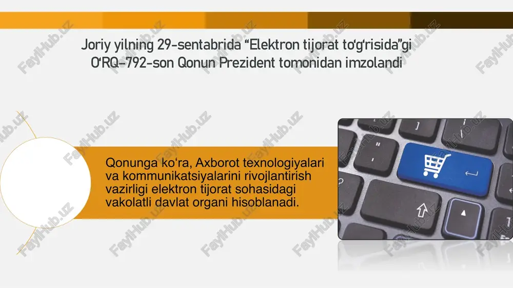 avot, poliz, moyli, dukkakli va ozuqa ekinlari urug'liklarini ichki va tashqi bozorga “uzbek seeds” milliy brendi asosida sotishni tashkil etadi “o'zpaxtasanoat” ajning 11 ta urug'lik chigit tayyorlash tsexlari markazga berildi elektron tijoratda shartnoma taraflar oʻrtasida shartnomaning shartlarini elektron hujjatlar va (yoki) xabarlarni tasdiqlash yoʻli bilan kelishish orqali elektron hujjat shaklida rasmiylashtiriladi elektron tijoratdagi hujjatda hujjatni imzolagan shaxsning roziligini ifodalaydigan hamda uni identifikatsiya va autentifikatsiya qilish imkonini beradigan elektron tasdiqlash usullari (“sms”, “face-id” va boshqalar) ham imzo sifatida tan olinadi. shartnoma faqat axborot tizimlaridan foydalanilgan holda tuzilganligiga asoslanib, haqiqiy emas deb topilishi mumkin emas. elektron tijorat sohasida toʻlovlar quyidagi usullar bilan amalga oshiriladi naqd pul mablagʻlari bilan – naqd pul mablagʻlari toʻlov vositasi tarzida virtual terminallar orqali qabul qilinganligini tasdiqlaydigan hujjatlarni hamda sotuvchi va sotilgan tovarlar toʻgʻrisidagi axborotni oʻzida aks ettiradigan hujjatlarni xaridorga taqdim etish orqali pul mablagʻlarini bank hisobvaragʻidan oʻtkazish orqali – pul mablagʻlarini bank hisobvaragʻidan oʻtkazish vositasida, shu jumladan …