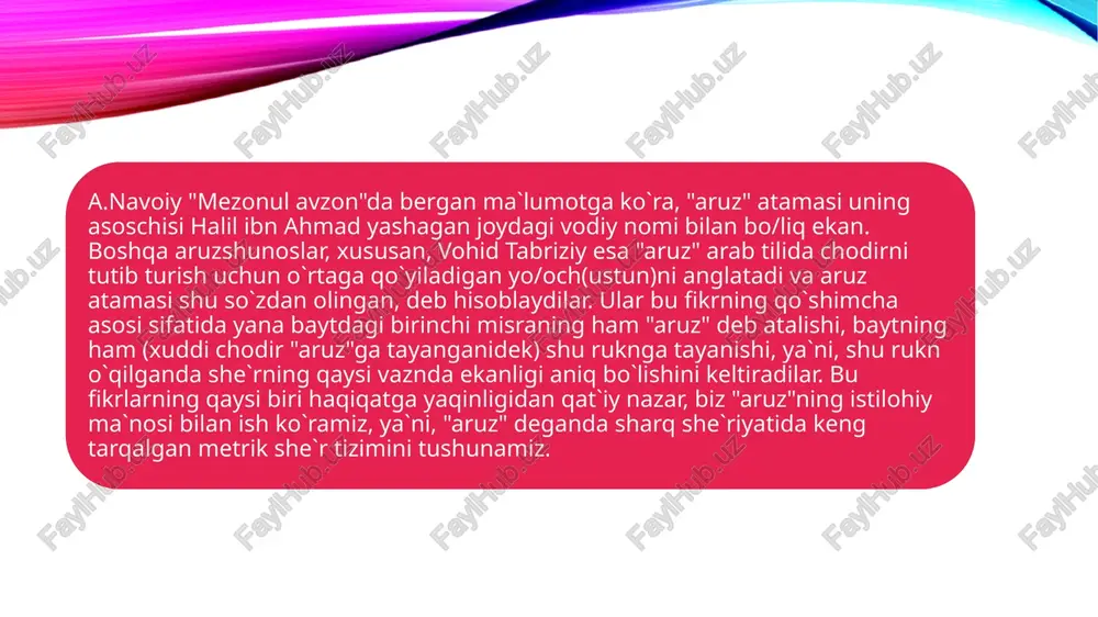 gisi bilan ifodalanadi. tarkibida cho`ziq unli bo`lgan (chi - roq) yoki qo`sh undosh bilan tugallangan yopiq bo`g`in (ishq, ko`shk) o`ta cho`ziq hijo sanalib, paradigmada (~) belgisi bilan ifodalanadi. vatad juzvi ham asosan ikki xil: 1) vatadi majmu` ikki harakatli va bir sokinning qo`shilishidan hosil bo`ladi, ya`ni, bitta qisqa va bitta cho`ziq hijoga teng: malak, palak (v -) 2) vatadi mafruq ikki harakatli o`rtasida bir harakatsiz harf kelishidan hosil bo`ladi, ya`ni, bir cho`ziq va bir qisqa hijoga teng: hafta, chipta (- v ). fosila juzvi ham ikki turli: 1) fosilai sug`ro uchta mutaharrikdan so`ng bir sokin kelishidan hosil bo`ladi, ya`ni, ikkita qisqa va bir cho`ziq hijoga teng: kapalak (v v -); 2) fosilai kubro to`rt mutaharrikdan so`ng bir sokin kelishidan hosil bo`ladi, ya`ni, uchta qisqa va bir cho`ziq hijoga teng bo`ladi: kurashajak (v v v - ) adabiyotlar: 1. fitrat. adabiyot qoidalari.-t.,1995 2. fitrat. aruz.-t., 1997. 3. a.rustamov. aruz haqida suhbatlar.-1972. …