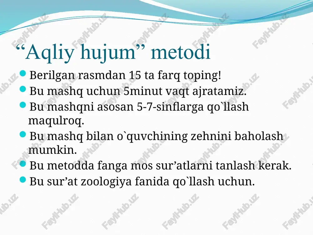 r bir tahsil oluvchi uchun qizil va yashil rangli kartochkalar hamda mavzuga oid savolnoma tayyorlanadi; – savolnomadan “ha” yoki “yo`q” tarzida javob berish mumkin bo`lgan savollar o`rin olgan; –tahsil oluvchilarga qizil rangli kartochkalarning “tasdiq”, yashil rangli kartochkalarning “inkor” ma’nosini anglatishi uqtirib o`tiladi; – tahsil oluvchilar o`qituvchi tomonidan berilgan savollarga “tasdiq” yoki “inkor” ma’nolarini anglatuvchi kartochkalarni ko`rsatish asosida javob qaytaradilar. umumiy o`rta ta’lim maktablarining viii sinfida “iqtisodiy bilim asoslari” fani bo`yich tashkil etilgan mashg`ulot jarayonida “ qizil va yashil rangli kartochkalar bilan ishlash” metodini qo`llashda tahsil oluvchilarga quyidagi savollarni berish mumkin: tasdiq inkor savollar 1.inson ehtiyojlarini qondirish uchun unga turli xil ne’matlar zarur bo`ladimi? 2. havo, suv, quyosh nuri va issiqligi, shuningdek, foydali qazilmalarni inson kuchi bilan hosil qilish mumkinmi? 3. inson mehnati, u tomonidan tashkil etilayotgan iqtisodiy faoliyatning mahsuli mahsulot deb ataladimi? 4. mahsulotlar faqatgina moddiy ne’matlardangina iboratmi? 5. xizmat ko`rsatishning muayyan ko`rinishi mahsulot bo`la oladimi? 6. moddiy ne’mat yaratmaydigan, …