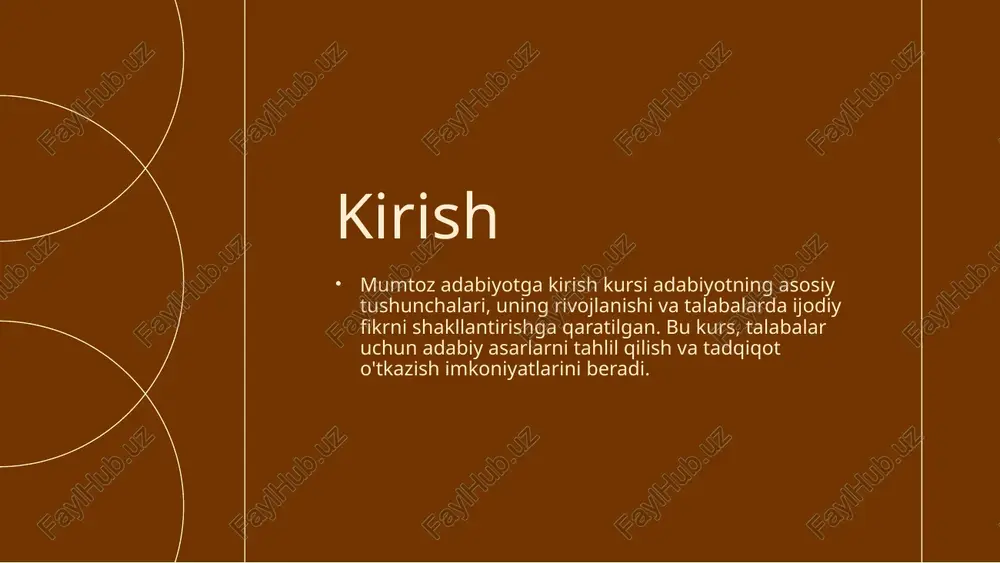va badiiy texnikalari bo'yicha chuqurroq fikrlar shakllanadi. bu jarayon orqali talabalar adabiy asarlarning qanday qilib o‘z his-tuyg'ularini yetkazayotganini va ularning ta'sirini o'rganadilar. nazariy va amaliy tajribalar birlashtirish rivojlantirish uchun muhimdir. bu talabalar nazariy bilimlarni amalda qo'llash imkoniyatini beradi. ular nazariy tushunchalardan kelib chiqqan holda ijodiy loyihalar va ishlanmalarni ishlab chiqadilar. bu jarayon amaliy dasturlar va badiiy asarlar yaratish bilan bog'liq. nazariy va amaliy tajribalarni birlashtirish mumtoz adabiyotga kirish kursi orqali talabalar adabiyotning asosiy tushunchalarini o'zlashtiradilar. kursning maqsad va vazifalari ijodiy fikrlash va tadqiqot ko'nikmalarini rivojlantirishga qaratilgan. talabalar bu tajribadan so'ng adabiy asarlarni tahlil qilish va o'z fikrlarini ifodalash ko'nikmalarini yaxshilaydilar. xulosa image1.jpeg image2.jpeg