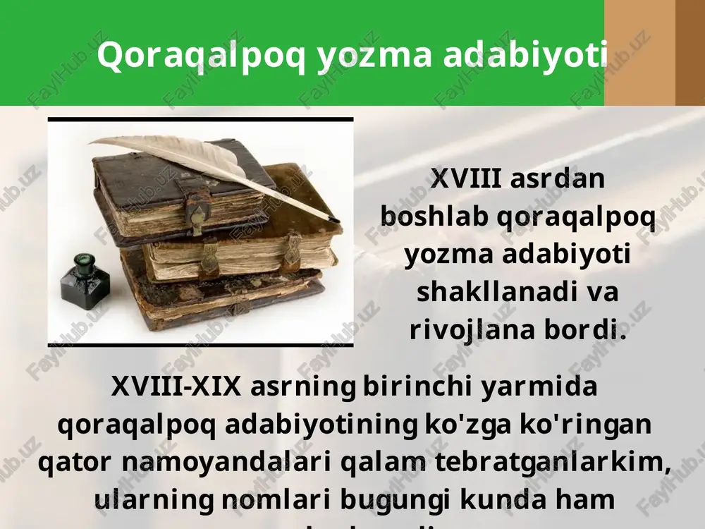 li shoirlaridan biridir. mo'ynoqdagi eski maktabda o'qigan. keyin xivadagi sherg'ozixon madrasasida ilm olgan. ajiniyoz qo'siboy o'g'li shoirning «bo'zatov» dostonida qoraqalpoq xalqining boshqa yurtlarga ko'chib ketishga majbur etilganligi katta mahorat bilan tasvirlangan. ajiniyoz shoirning «kerak», «bo'ladi», «bo'lmasa», «yaxshi», «yigitlar» she'rlarida vatanparvarlik, insonparvarlik g'oyalari falsafiy qarashlari ifodalangan. ajiniyozni butun o'rta osiyoga tanitgan «qiz mengesh bilan aytishuv» asari edi. 1999-yilda ajiniyoz tavalludining 175 yilligi nishonlandi. nukus shahrida ajiniyoz maydoni barpo etildi va ajiniyozga haykal o'rnatildi. berdaq qoraqalpoq xalqi adabiyoti uning asoschisi berdaq (1827-1900) (taxallusi; asl ismi berdimurod qarg'aboy o'g'li) nomi bilan mashhurdir. berdaq avval ovul maktabida, so'ngra madrasada tahsil ko'rgan. u navoiy, fuzuliy, maxtumquli, kunxo'ja asarlarini chuqur mutolaa qilgan, ulardan o'rgangan. berdaq tarixni, xalq og'zaki ijodini mukammal o'zlashtirib oladi. uning ijodi 18-19 yoshlarda do'mbira chertib, she'r aytishdan boshlangan. 25 yoshida u iste'dodli shoir sifatida xalq orasida tanildi. berdaq xalq hayotini, uning ezgu orzu-istaklarini yaxshi bilgan shoir edi. shuning uchun ham uning she'rlarida xalqparvarlik …