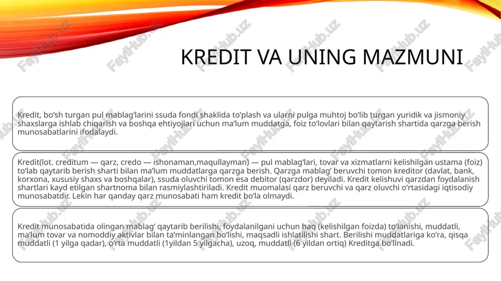 htiradi. qarz oluvchi sifatida aholiga davlat zayomlari, obligatsiyalarini sotish bilan jismoniy yoki yuridik shaxslardan qarz oladi, natijada ichki davlat qarzi, chet davlatlardan olingan kreditlar hisobidan tashqi davlat qarzi paydo boʻladi. isteʼmol krediti — aholiga isteʼmol tovarlari, xizmatlarni nasiyaga sotish, uy-joy qurilishi harajatlari uchun, lombardlardagi mulk garovi hisobiga, oʻzaro yordam kassasi qarzlari va boshqa koʻrinishlarda beriladi. xalqaro kredit — muddatli, qaytimli va foiz toʻlash shartlari bilan bir mamlakatdagi kreditor tomonidan ikkinchi mamlakatdagi qarz oluvchiga pul yoki tovar shaklida beriladigan qarz, shuningdek, chet el obligatsiyalari, chet el korxonalari aksiyalari va boshqalar qimmatli qogʻozlariga fonda olish maqsadlarida kapital qoʻyish. kreditning zarurligi kreditning vujudga kelishi kredit munosabatlari ishtirokchilari manfaatlarining yo'nalishiga bog'liq. tomonlar manfaatlarining mos kelishi kredit shartnomasi tuzilishini ta'minlaydi. lekin kredit munosabatlari ishtirokchilari manfaati nafaqat vaqt va makon jihatdan, shuningdek, sifat jihatdan ham mos tushgan taqdirdagina bu munosabatlar reallikka aylanadi. shu bilan birga, kreditning bu muhim sifatlari kredit munosabatlari sodir bo'lishining asosiy sababi bo'lolmaydi. …
