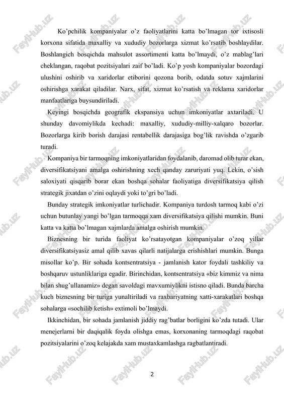 tning xatti-xarakatlari boshqa sohalarga «sochilib ketish» extimoli bo’lmaydi. ikkinchidan, bir sohada jamlanish jiddiy rag’batlar borligini ko’zda tutadi. ular menejerlarni bir daqiqalik foyda olishga emas, korxonaning tarmoqdagi raqobat pozitsiyalarini o’zoq kelajakda xam mustaxkamlashga ragbatlantiradi. boshqa tomondan, bir yunalishda jamlanish, uning xarakatlarini bir tomonga yunaltirish kompaniya uchun katta tavakkalchilik bo’lib xisoblanadi. obrazli qilib aytganda «uning, korxonaning barcha tuxumlari bir savatda bo’ladi». marginal qo’shimcha boshqaruv xarajatlari mvs mvs1 mva d1 d2 d3 divertsiyalash xarajatlari 7.1.-rasm. sarflangan kapital birligiga to’g’ri keladigan qo’shimcha foydaning diversifikatsiyalash xarajatlariga bog’liqligi sekin o’sayotgan tarmoq sharoitida kuchli kompaniyalar diversifikatsiyani boshlash uchun naqd pul ortiqchaligidan foydalanish imkoniyatini ko’rib chiqishlari kerak. diversifikatsiyani boshlash masalasi qisman kompaniyaning mazkur tarmoqda o’sish imkoniyatlariga, qisman uning raqobat pozitsiyalariga bog’likdir. korxona o’zining asosiy ustunliklaridan samarali foydalana oladigan sohalarga diversifikatsiya qilishi eng yaxshi strategiya bo’lib xisoblanadi. lekin korxona uchun butunlay yangi bo’lgan tarmoqlarga diversifikatsiyalash, turdosh tarmoqlarning birortasiga xam o’sish istiqbollarini ta’minlay olmay qolgan taqdirda ko’zda tutilishi kerak. shunday …