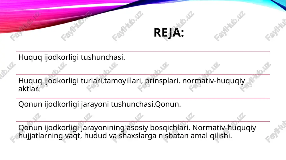 k; -demokratizm; -oshkoralik; -tezkorlik. huquq ijodkorligi turlari,tamoyillari, prinsplari. normativ-huquqiy aktlar. huquq ijodkorligi prinsplari. a) huquq ijodkorligini haqchilligi. huquq yaratishda har bir davlat o’z fuqarolari bilan mahkam bog’liq va uzviy aloqador bolish kerak. qonunni qabul qilishda xalq tomonida saylangan deputatlar qatnashadi. har bir qonun xalqning yaxshi hayot kechirishiga yordam berish kerak. huquq ijodkorligi turlari,tamoyillari, prinsplari. normativ-huquqiy aktlar. b)huquq ijodkorligining demokratligi. huquq ijodkorligining demokratligi huquqiy aktlarni qabul qilishda xususan qonun chiqarishda xalqni ishtirokini taminlashda namoyon boladi.demokratizm parlament va mahalliy xalq deputatlari kengashlari faoliyati jarayonida aks etadi.referendum qonun qabul qilishning demokratik shakli.demokratiyaga misol qilib muhim normativ huquqiy aktlarni loyihasini ommaviy axborot vositalarida elon qilish ham kiradi. huquq ijodkorligi turlari,tamoyillari, prinsplari. normativ-huquqiy aktlar. o’zbekiston respublikasida huquqni ifodalashning (bayon etishning)asosiy manbai,shakli normative – huquqiy aktlar hisoblanadi. normativ huquqiy akt deganda ,davlat vakolatli organlarining ijtimoiy munosabatlarni tartibga solishga qaratilgan umumiy majburiy tusdagi qoidalarni o’rnatuvchi , o’zgartiruvchi yoki bekor qiluvchi huquq ijodkorlik hujjat tushniladi. huquq ijodkorligi turlari,tamoyillari, …