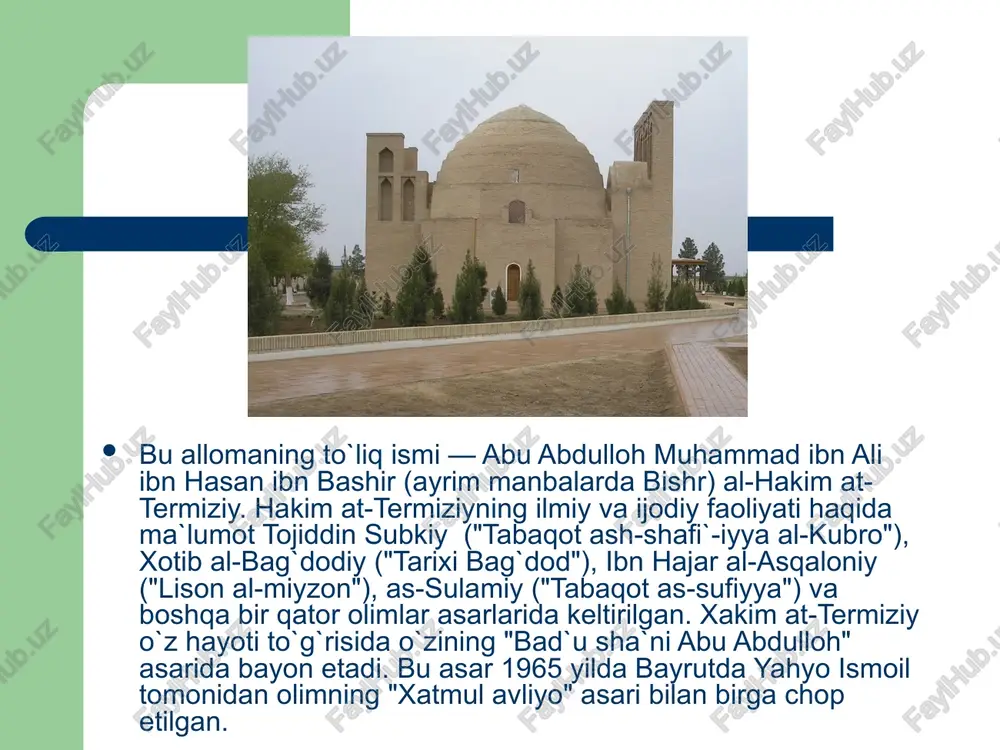 sning turli masalalari borasida ilmiy munozaralarda faol ishtirok etgan. volidai muhtara-masi hamda tog`asi ham hadisi nabaviyyaning durust bilimdonlari hisoblanishgan. binobarin, hakim at-termiziy o`z dunyoqarashiga ulkan ta`sir ko`rsatgan bilimli va ilmiy muhitda voyaga yetgan. yozma manbalarda hakim at-termiziy ustozlari haqida ishonchli ma`lumotlar keltirilgan. uning dastlabki ustozi otasi ali ibn al-hasan at-termiziy bo`lgan. al-xotiyb al-bag`dodiyning "tarixi bag`dod" asarida bir muncha ma`lumot keltirilgan. ustozlari orasida qutayba ibn sa`id as-saqafiy al-balxiy (798 — 888 yillar), ibn xib-bonning "mashxur kishilar to`g`risida kitob" asarida ancha dilbar gaplar aytilgan solih ibn abdulloh at-termiziy, bir qancha vaqt termiz qozisi bo`lgan solih ibn muhammad at-termiziy, sufyon ibn vakiy` (vafoti 860 yil), hasan ibn umar ibn shafiq al-bahriy (vafoti 840 yil), ahmad ibn hadravayh (vafoti 854 yil), abu turob al-naxshabiy, yahyo ibn maoz ar-roziylar (vafoti 875 yil) bo`lishgan. hakim at-termiziy xayoti va faoliyatini tavsiflovchi yozma manbalar ma`lumotiga asoslangan holda uning uzun hayotini quyidagi bosqichlarga bo`lish mumkin. birinchi bosqich — sakkiz …