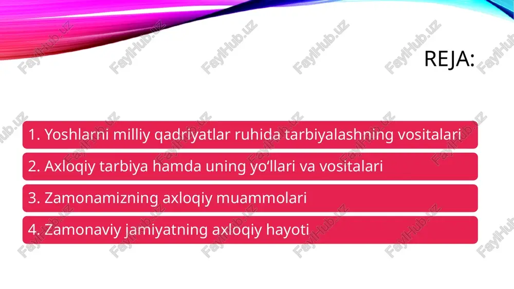 amiyatda insonlar o‘zaro hurmat, birdamlik va hamkorlikka intiladi. qadriyatlarning yo‘qolishi esa ijtimoiy inqirozga, axloqiy tanazzulga olib kelishi mumkin. shu bois oilada, ta’lim tizimida va ommaviy axborot vositalarida ijobiy qadriyatlarni targ‘ib qilish barqarorlikni ta’minlovchi muhim omildir. ta’lim va tarbiyada qadriyatlar uzluksizligi ta’lim va tarbiya jarayonida qadriyatlarning uzluksizligi yosh avlodning ma’naviy kamoloti uchun zarurdir. bolalikdan singdirilgan qadriyatlar insonning butun hayoti davomida unga yo‘ldosh bo‘ladi. maktab, oila va jamiyat birgalikda harakat qilsa, bu qadriyatlarning avloddan-avlodga yetib borishini ta’minlaydi. shu bois ta’lim tizimida nafaqat ilmiy bilim, balki axloqiy va ma’naviy qadriyatlar ham yetarli darajada o‘rgatilishi kerak. kirish insonning axloqiy hayoti uning axloqiy tarbiyasi bilan chambarchas bog‘liq. zero axloqiy tarbiya insonning shaxs bo‘lib etishuvini ta’minlaydigan uzluksiz jarayonlaridan biri. unda individ axloqiy qadriyatlarni anglab etadi, o‘zida axloqiy fazilatlarni barqaror etadi, axloqiy tamoyillar va me’yorlar asosida yashashga o‘rganadi. axloqiy tarbiya insoniyat tarixi mobaynida ikki muhim masalaga javob izlaydi: bulardan biri - qanday yashamoq kerak, ikkinchisi – nima …