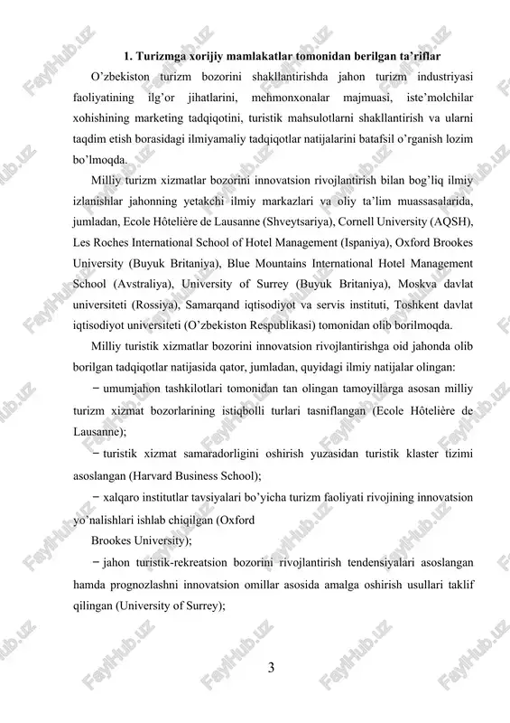 gan (university of surrey); · turizm sohasining milliy iqtisodiyotdagi o’rnini aniqlashda bttning turizmda yordamchi hisoblar metodikasi ishlab chiqilgan (moskva davlat universiteti). dunyoda turizm xizmatlar bozori samaradorligini oshirish bo’yicha qator, jumladan, quyidagi ustuvor yo’nalishlarda tadqiqotlar olib borilmoqda: · turizm bozorining tashkiliy-iqtisodiy omillarini innovatsion rivojlanish asosida yanada aniqlashtirish; · turizm xizmatlari eksportini uning yangi istiqbolli turlari (agrar va vino turizmi, ekoturizm, malakaviy – ish turizmi va boshqalar) asosida rivojlantirish; turizm sohasining subyektlari faoliyatini bozor sharoitida boshqarish mexanizmini muvofiqlashtirish; · turizm xizmatlar bozorini innovatsion texnologiyalar asosida takomillashtirish. monte-karlodagi turizm akademiyasida berilgan ta’rif bo’yicha, «turizm – odamlarning sog’lig’ini tiklash, bo’sh vaqtida bilishga chorlaydigan, qiziqishlarni qondirish uchun yoki kasbiyamaliy maqsadlarda vaqtinchalik yashash joyida maosh to’lanadigan faoliyat bilan bog’liq bo’lmagan holda doimiy yashash joyini vaqtincha tark etishining har qanday ko’rinishidir». bu ta’rifda asosiy urg’u tashrif buyuruvchilarning yashash joyidan tashqarida olib boradigan faoliyatiga qaratilgan. turizm sohasidagi atamalar muammosi xalqaro tashkilotlar diqqatini ham o’ziga tortadi. manilada 1981-yilda qabul …