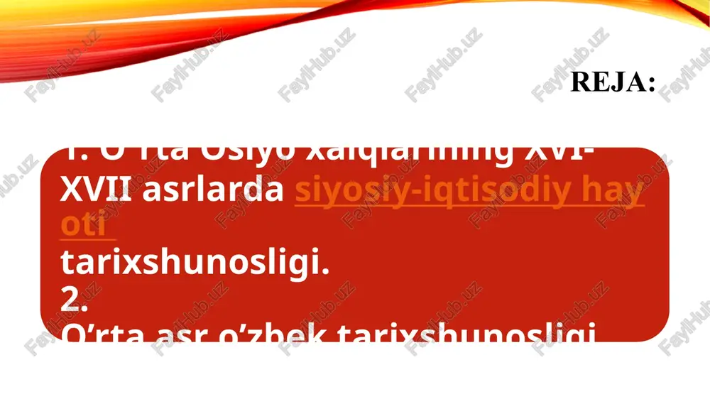 llaxon soniy o`rniga xon ko`tarilgan abulfayz (1711-1747) nomigagina xon bo`lib, hokimiyat bir guruh yirik boylar qo`liga o`tib qoldi. eron podshohi nodirshoh (1736-1747) movarounnahrdagi parokandalik va beqarorlikdan foydalanib, 1740 yilning kuzida buxoro xonligini o`ziga bo`ysundirdi. shundan keyin hokimiyat, asosan nodirshoh tarafdori, mang`it qabilasidan chiqqan nufuzli, katta er egasi muhammad rahimbiy qo`liga o`tdi. abulfayzxon o`ldirilganidan keyin taxtga o`tkazilgan abulmo`min (1747-1751) va ubaydullaxon soniy (1751-1753) nomigagina xon bo`lib, davlatning muhim ishlarini muhammad rahimbiy boshqargan. 1753 yilning 16 dekabrida muhammad rahimbiy xon bo`ldi. shu kundan boshlab buxoro xonligida hokimiyat mang`itlar sulolasi qo`lida bo`lib, ular 1920 yilning sentyabr oyigacha hukmronlik qilgan. 1709 yili markaziy hukumatning zaifligi tufayli farg`ona vodiysida qo`qon xonligi (1709-1876) tashkil topdi xviii-xix asrda uyrtimiz hududida buxoro amirligi, xeva va qo`qon xonligi mavjud bo`lib, rossiya asta-sekin bu hududga siqilib kelib, o`z mustamlakasini o`rnatdi. bo`lib o`tgan siyosiy voqealarning ta`siri tarix faniga ham ta`sir etmasdan qolmadi. natijada tarixshunoslik ham o`z taraqqiyotida ma`lum bir o`zgarishlarga yuz …