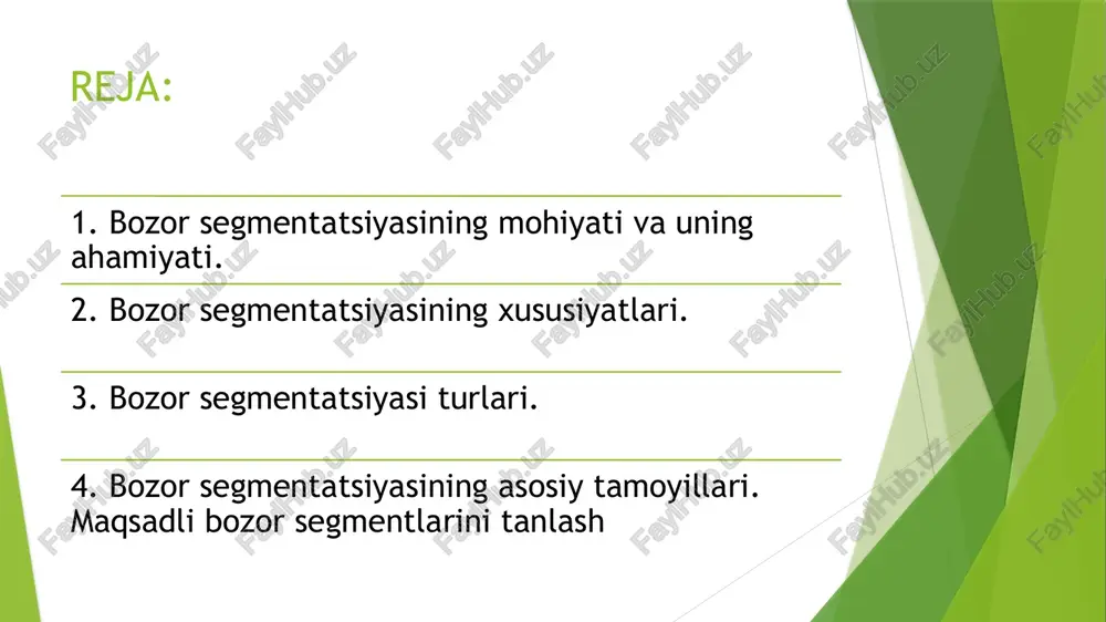 laga bog`liq. sanoat tovarlari va keng iste`mol tovarlari uchun tanlov mezonlari bir-biridan juda keskin farq qiladi. rejalashtirish ehtiyojlariga juda mos keladigan maqbul mezon tovarni bozorda joylashtirish masalalariga umuman to`g`ri kelmasligi mumkin. mabodo muayyan mezon xaridorlar o`rtasida paydo bo`lgan farqlarni izoxlab berishga imkon bermasa, unda boshqa mezonni kiritish va to bu farqlarni ravshan aniqlashga qadar tadqiqotlarni davom ettirish lozim. bozorni segmentlash orqali, xo`jalik yurituvchi sub`ekt quyidagi maqsadlarni ko`zlaydi: § iste`molchilarni hoxish va talabini maksimal ravishda hisobga olish; § tovarni (xizmatni) va xo`jalik yurituvchi sub`ektni raqobatbardoshligini ta`minlash; § xo`jalik yurituvchi sub`ektni harajatlarini optimallashtirish; § xo`jalik yurituvchi sub`ektni marketing strategiyasini samaradorligini oshirish; § raqobatchilardan xolis bo`lgan segmentlarga ketish. bozor segmentatsiyasining xususiyatlari bozorni segmentlash, bozorni o`rganishning asosiy usulidir.uning yordamida bozor (uning tarkibiy qismlari) segmentlarga bo`linadi. bozor segmenti-bu iste`molchilar, tovarlar, raqobatchilarning shunday ajratilgan qismiki, ular uchun umumiy xususiyatlar xosdir. bozorni to`g`ri segmentlash, shu segmentning spetsifik ehtiyojlariga kat`iy rioya qilingan holda kam harajatlar bilan tovar etkazib …