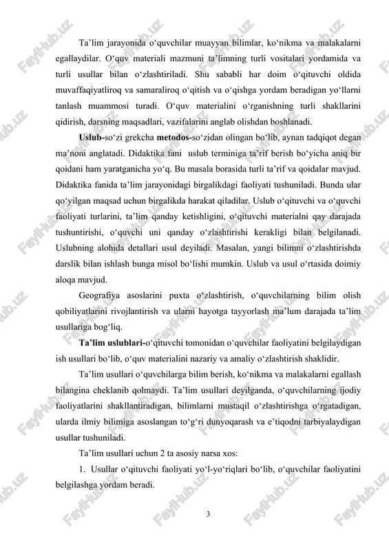 gan to‘g‘ri dunyoqarash va e’tiqodni tarbiyalaydigan usullar tushuniladi. ta’lim usullari uchun 2 ta asosiy narsa xos: 1. usullar o‘qituvchi faoliyati yo‘l-yo‘riqlari bo‘lib, o‘quvchilar faoliyatini belgilashga yordam beradi. 2. ta’lim usullari faqat bilim, ko‘nikma, malakalarni shakllantirish bilangina cheklanmasdan balki o‘quvchilarda ijodiy faoliyat, bilimlarni mustaqil egallash qobiliyatini tarbiyalashga ham yordam beradi. ta’lim usullari o‘qitishning umumiy va aniq maqsadlariga ham maktab ta’limining mazmuniga ham bog‘liq. ta’lim usullari ko‘p hollarda o‘quvchilarning ruhiyati yosh xususiyatlarini e’tiborga olishni talab qiladi. uni tanlash maktabning moddiy-texnika ta’minotiga ham ko‘p jihatdan bog‘liq. chunki o‘qituvchi ta’lim usulini tanlar ekan, maktabda mavjud bo‘lgan texnika vositalarini va ulardan foydalanish imkoniyatlarini hisobga oladi. o‘qitish usullari pedagogikada maktab joylashgan sharoitga, hamda o‘qituvchilar tajribasida tarkib topgan an’analarga ham bog‘liq. masalan, o‘qituvchi o‘z ishiga alohida tus bag‘ishlaydigan muayyan usullardan foydalanishni afzal ko‘radi. ilmiy-texnika jarayoni sharoitida an’anaviy usullarni takomillashtirishga va yangi uslublarni izlab topishga tobora jiddiy talablar qo‘yilmoqda. ta’lim usullari muammosi eng asosiy muammolardan biri bo‘lib qolmoqda. …