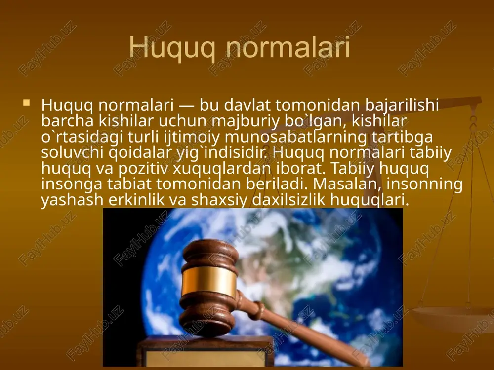 iya huquq nomasining yuridik kuchini barcha fuqarolar uchun majburiyligini ifodalaydi. huquq tizimi huquq tizimi jamiyatning iqtisodiy tuzilishidan paydo bo‘lib, u bilan bog‘liq bo‘lgan, uning mustahamlaydigan har bir davlatning ichki huquq tuzilishi bo‘lib, kishilar o‘rtasidagi turli ijtimoiy munosabatlarni tartibga soladi. huquq tizimi jamiyatning siyosiy, g‘oyaviy, ma’rifiy, madaniy va boshqa ijtimoiy belgilari bilan bog‘liqdir. hamda huquq tizimi jamiyatning milliy munosabatlari, uning urf —odatlari, barcha xalqning huquqiy ongi huquqiy madaniyatligi va davlatning huquq ijodkorlik faoliyatiga borliqdir. huquq tizimi jamiyatdagi barcha sinf, millat, tabaqa va xalqning qonun darajasida ko‘tarilgan erki —irodasi bo‘lib, ular o‘rtasidagi turli ijtimoiy munosabatlarni tartibga soluvchi huquq normalari, huquq institutlari va huquq sohalaridan iborat bo‘lib, obyektiv xarakterga ega. huquq institutlari huquq sohasida o‘zaro bog‘langan jamiyatda kishilar o‘rtasidagi bir turdagi ijtimoiy munosabatlarni tartibga soluvchi bir qancha huquq normalaridan iborat. huquq institutlari huquqning asosi hisoblangan o‘zbekiston respublikasi konstitutsiyasida ham mavjud. masalan, «inson va fuqarolarninng asosiy huquqlari erkinliklari va burchlari», «jamiyat va shaxs» ma’muriy …