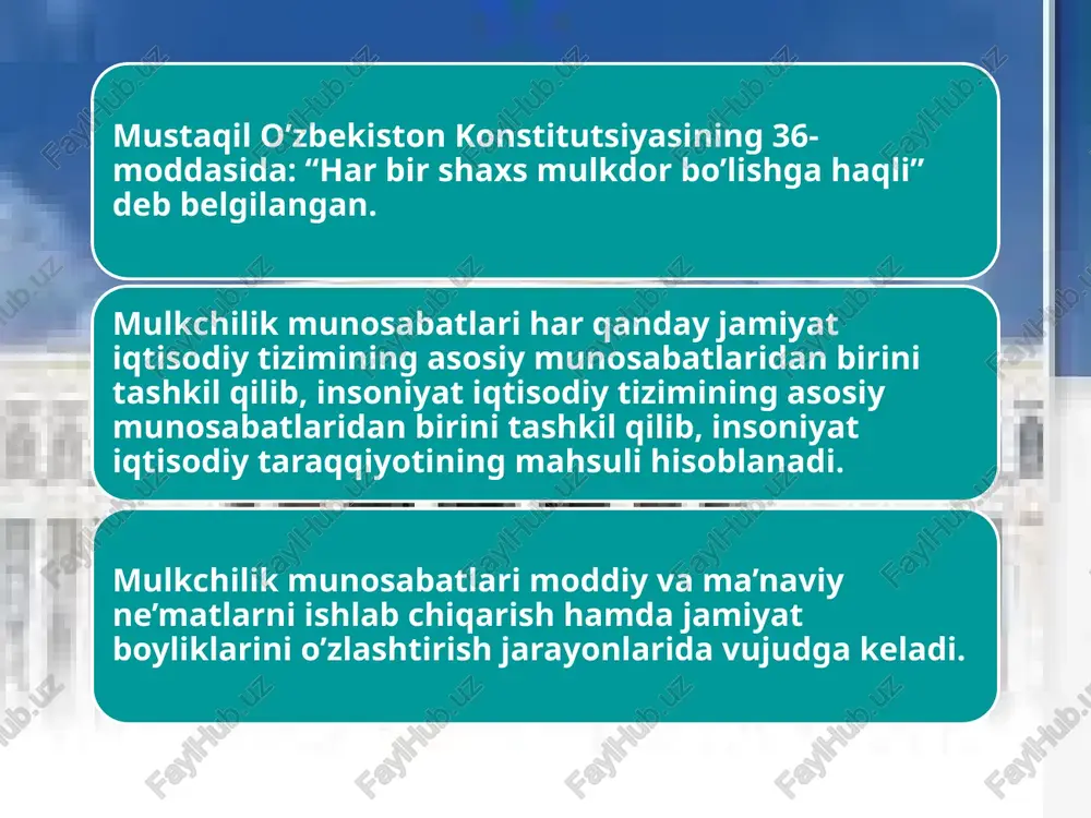 lni mulkchilikning iqtisodiy tomoni egallaydi. agar mulk iqtisodiy tomondan ro’yobga chiqarilmasa, ya’ni ishlab chiqarishda foydalanilmasa yoki mulk egasiga daromad keltirmasa, bunda u huquqiy kategoriya sifatida qoladi. mulkchilik xo’jalik va tadbirkorlik faoliyatining turli shakllari orqali iqtisodiy jihatdan ro’yobga chiqariladi, boshqa tomondan mulkchilikning huquqiy me’yorlari (egalik qilish, foydalanish, tasarruf etish) iqtisodiy munosabatlarning aniqlashtiligan ko’rinishi hisoblanadi. mulkchilik munosabatlari uning obyekti va subyekti bo’lishini shart qilib qo’yadi. mulkka aylangan barcha boylik turlari mulkchilik obyektlaridir. mulk obyekti bo’lib, inson yaratgan moddiy va ma’naviy boyliklar, tabiiy boyliklar, aqliy mehnat mahsuli, insonning mehnat qilish qobiliyati – ishchi kuchi va boshqalar hisoblanadi. mulk obyektida asosiy bo’g’in – bu ishlab chiqarish vositalariga egalik qilish hisoblanadi. ishlab chiqarish vositalari kimga tegishli bo’lsa ishlab chiqarlgan mahsulot ham unga tegishli bo’ladi. mulkning tuzilishi va shakli xilma-xilligi sababli, mulkni o’zlashtiruvchi yuqorida ko’rsatilgan sub’yektlar ham turli darajada bo’ladi. masalan davlat mulkining bevosita subyektlari respublika hukumati va boshqaruv organlari, davlat korxonalari va muassasalari hamda ularning …