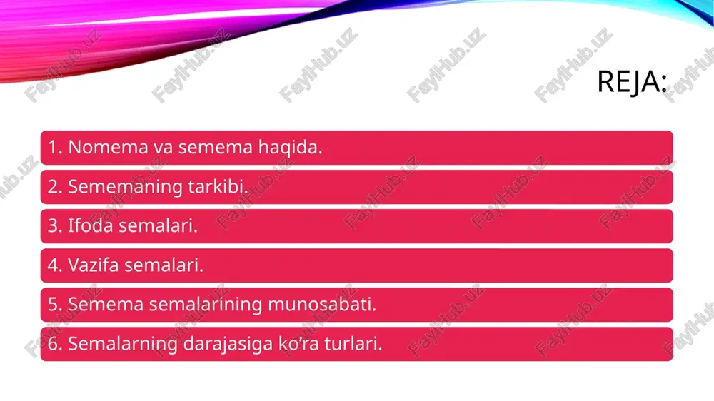 semaning mohiyati uning ichki tomoni — semema orqali va shunga ko’ra leksemaning boshqa til birliklari bilan munosabatga, aloqaga kirishuvi orqali belgilanadi. ammo nutqda, ayniqsa, nazmiy, nutqda nomema katta ahamiyatga ega bo’ladi. nazarimizda behad katta ahamiyatga ega: qofiya, radif, tajnisning o’nlab turlari, qalb, saj’, tasrit’, tasmit, taattuf, harfiy va lafziy san’atlar nomemaning xususiyatlariga tayanadi. shu sababli naz¬miy nutqda nomema va uning voqelanishiga katta e’tibor beriladi. lekin til leksemalarining ilmiy tadqiqidagi asosiy tayanch nuqta bo’lib, leksemalarning ichki tomoni semema hisoblanadi. semema leksemaning ichki tomoni uning mazmuni; ma’nosi nmani ifodalab kelishidir. semema ko’pincha ongimizda ma’lum bir tushuncha va tushunchalar bilan borliq bo’ladi. tushuncha — ong, mantiq birligi, semema esa tilga, leksemaga xos birlikdir. juda ko’p hollarda bir semema bir necha tushunchani o’z ichiga oladi. jumladan, [o’rik] leksemasining sememasi quyidagi tushunchalarda namoyon bo’ladi: 1) toza, tar mevaning bir turi (toj. zardolu); 2) shu mevaning quritilgani (toj. g’ulung); 3) shu mevani beradigan daraxt. bir sememaning …