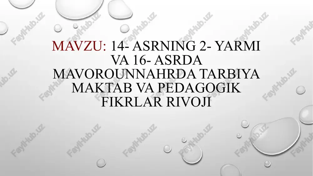 lar “maktab” yoki “maktabxona” nomi bilan atalib, asosan bolalarga qur’on o‘qish, yozuv, hisob, axloqiy saboqlar berilar edi. madrasalarda esa ilmiy yo‘nalishli darslar davom ettirilar, talabalar arab, fors va turkiy tillar, huquq, mantiq, adabiyot va boshqa fanlar bilan shug‘ullanishgan. darslar asosan muallim tomonidan og‘zaki va yozma tarzdami berilar, kitoblardan keng foydalanilar edi. mashhur pedagog va mutafakkirlar ushbu davrda mavlono lutfiy, alisher navoiy, husayn voiz koshifiy, xoja ahror vali, mir alisher navoiy, abdurahmon jomiy kabi allomalar nafaqat adabiyot, balki pedagogik fikrlar sohasida ham ulkan meros qoldirishgan. ularning asarlari yosh avlodni tarbiyalash va ma’rifatlilikni keng targ‘ib etishda muhim ahamiyat kasb etgan. ular, asosan, axloq, komillik, vatanparvarlik, ilm-fan sevgisini yoshlar qalbiga singdirishga intilganlar. pedagogik g‘oyalar va ta’lim metodlari davr pedagogikasida tarbiya va ta’limda shaxsiy namuna, kasbiy ustoz-shogird an’anasi, axloqiy ta’lim va ibn sinoning tajriba asosidagi fanlarni o‘rganish metodlari keng amal qilgan. din asosli tarbiya bilan birga, fanning turli sohalarini chuqurlashtirishga ham e’tibor qaratilgan. ta’lim …