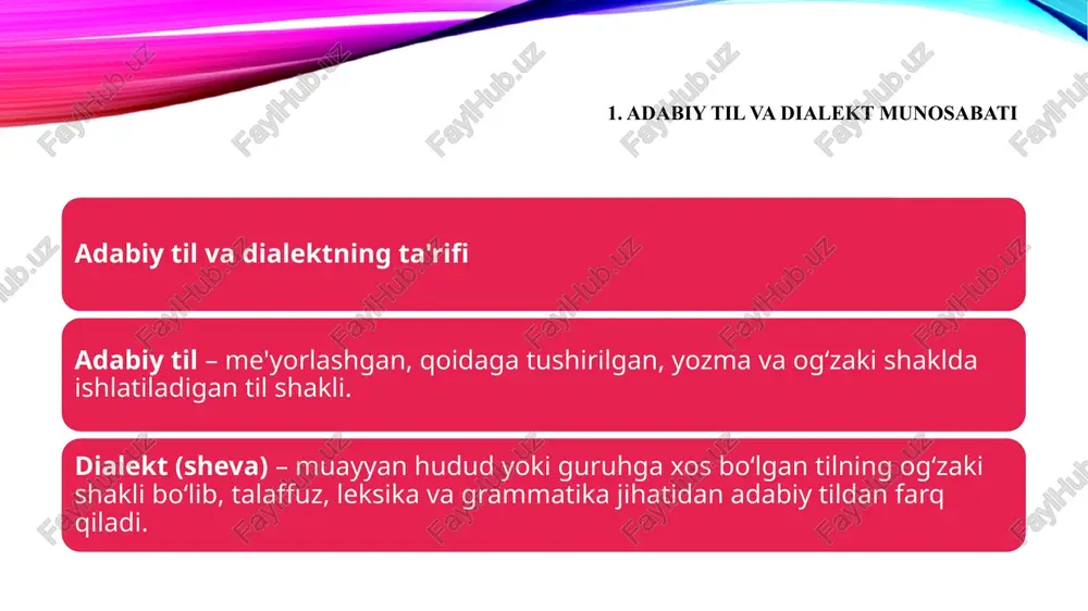 ntaktik dialektizmlar – gap qurilishi jihatidan adabiy tildan farq qiluvchi iboralar. o‘zbek shevalaridagi maqollarni yig‘ish va tahlil qilish adabiy til shevadagi varianti hudud “mehnat qilsang, rohat topasan.” “mexnat qilsen, rohat topasan.” farg‘ona shevasi “har kim o‘z baxtining temirchisi.” “kim o‘z baxtining temirchisi bo‘ladur.” xorazm shevasi “ko‘p urgan qop yirtar.” “ko‘p urgan qopni yirtar.” qashqadaryo shevasi image2.png image1.png /docprops/thumbnail.jpeg