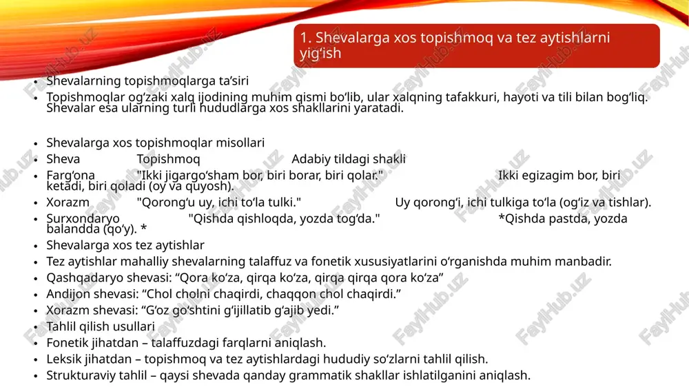 va tahlil qilish o‘zbek tilida turli shevalarda chorvachilikka oid so‘zlar ko‘p uchraydi. ular chorvachilik bilan shug‘ullanuvchi hududlarda ayniqsa faol ishlatiladi. shevalardagi so‘z turkumlari misollari 1. otlar qashqadaryo shevasi: “juvon” – ayol xorazm shevasi: “sovliq” – qo‘zi tug‘magan qo‘y farg‘ona shevasi: “pashsha” – asalari 2. fe’llar andijon shevasi: “chirqillash” – juda baland ovozda gapirish samarqand shevasi: “ko‘klash” – o‘t yemoq xorazm shevasi: “g‘ang‘illash” – gapirishni davom ettirish 3. sifatlar buxoro shevasi: “matti” – qalin surxondaryo shevasi: “g‘irra” – o‘tkir qashqadaryo shevasi: “zir” – ingichka 3. o‘zbek shevalarida alohida turkum so‘zlari shevalarda ba’zi so‘zlar adabiy tildan farq qiladigan o‘ziga xos grammatik toifalarda ishlatilishi mumkin. xorazm shevasi: “jip-jip” – tez-tez andijon shevasi: “dup-dup” – qattiq zarb bilan farg‘ona shevasi: “lap-lap” – doimiy ravishda tahlil qilish usullari semantik tahlil – so‘zlarning ma’nolarini aniqlash va adabiy til bilan taqqoslash. leksikografik tahlil – ushbu so‘zlarni maxsus sheva lug‘atlariga kiritish. hududiy taqsimot – qaysi so‘z qaysi shevaga …