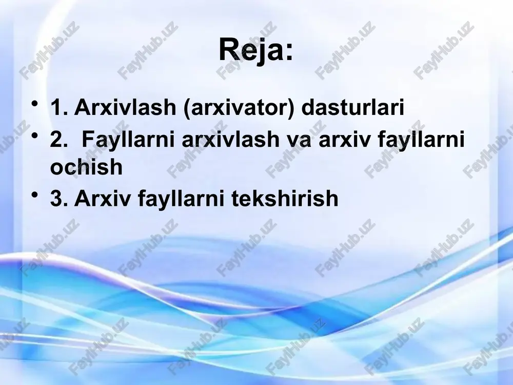 ha siqiladi. dasturlar ifodalangan fayllar esa juda kam—1% ga yaqin siqiladlpafiba-qilib aytganda arxivlash dasturlari fayllar hajmini 1,5-2 barobar qisqartirishga imkon beradi. arxivlash dasturlari qo’llaniladigan matematik usullar, arxivlash, arxivni ochish tezligi va eng asosiysi siqish samaradorligi bilan bir-biridan farq qiladi. arxivlash dasturlaridan yetarli darajada tez va yaxshi ishlaydiganlari pkzip, lharc, arj, rar dasturlaridir. win rar, pkzip, arj arxiv fayl yagona faylga birlashtirilgan bir yoki bir necha faylninj siqilgan holdagi ko'rinishi bo'lib, undan kerakli hollarda fayllarni dastlabk ko'rinishda chiqarib olish mumkin. arxiv fayli undagi fayllar nomlarin ko'rsatuvchi mundarijaga ega bo'ladi. pkzip / pkunzip va arj dasturlari arxiv fayllarining nomlari odatda quyidagi kengaytmalarga ega bo'ladi: zip - pkzip / pkunzip dasturlari arxiv fayllari uchun; arj — arj dasturi arxiv fayllari uchun. dastlab bir marta yaratilib olingandan keyin uning ustida ko`p ishlandi va natijada arxivlashning bir qancha turlari vujudga keldi. dos operatsion sistema ostida ishlaydigan arj, rkzir, winrar arxivatorlari yaratildi. fayl yoki fayllar arxivlanganda …