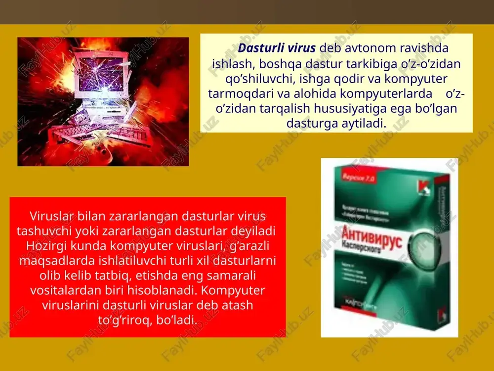 pyuter virusi orqali zararlanish oqibatida kompyuterlarda quyidagi o’zgarishlar paydo bo’ladi: ayrim dasturlar ishlamaydi yoki xato ishlay boshlaydi bajariluvchi faylning xajmi va uning yaratilgan vaqti o’zgaradi ekranda anglab bo’lmaydigan belgilar, turli xil tasvir va tovushlar paydo bo’ladi; kompyuterning ishlashi sekinlashadi va tezkor xotiradagi bo’sh joy xajmi kamayadi; disk yoki diskdagi bir necha fayllar zararlanadi (ba'zi xollarda disk va fayllarni tiklab bulmaydi); vinchester orqali kompyuterning ishga tushishi yo’qoladi obrazets teksta vtoroy uroven tretiy uroven chetvertiy uroven pyatiy uroven oddiy matnli fayllarni zararlaydigan viruslar kamdan-kam uchraydi. tezkor hotira qurilmasida ko’payuvchi. operatorni ta’sirlantiruvchi tarmaq, viruslar operatorni ta’sirlantituvchi qurilmalarni ishdan chiqaruvchi terminalda xabar chiqaruvchi tovushli effektlarni hosil qiluvchi ish tartibini o’zgartiruvchi - protsessor klaviatura - xotira -matnli -ohang -md, vinchestor -displey - printer - grafikli - nutq sintezi - port ps-232 - printer displey -maxsus effektlar - klaviatura - port ps-232 obrazets teksta vtoroy uroven tretiy uroven chetvertiy uroven pyatiy uroven kompyuterning viruslar bilan zararlanish …