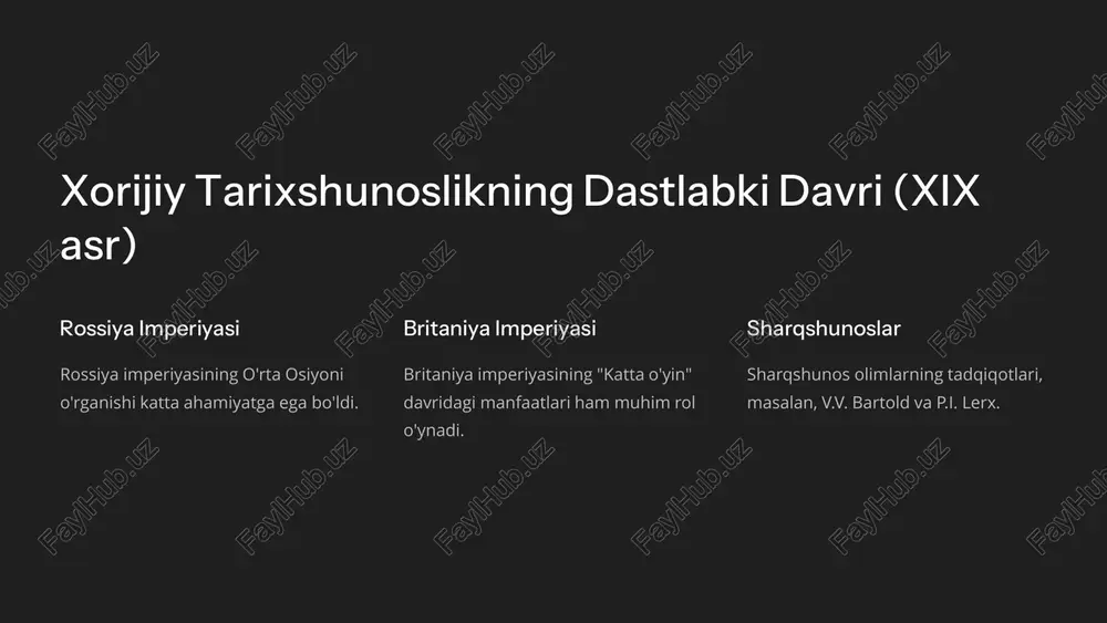 lan hamkorlik va qo'shma loyihalar amalga oshirildi. https://gamma.app/?utm_source=made-with-gamma preencoded.png xorijiy tarixshunoslikdagi asosiy mavzular va muammolar 1 siyosiy tuzilma xonliklarning siyosiy tuzilishi va boshqaruv tizimi o'rganildi. 2 iqtisodiy hayot iqtisodiy hayot va savdo aloqalari tahlil qilindi. 3 madaniy meros madaniy meros va diniy e'tiqodlar tadqiq etildi. https://gamma.app/?utm_source=made-with-gamma preencoded.png turli nuqtai nazarlar va talqinlar rus qarashlari rus tarixshunosligining imperiyaviy qarashlari mavjud. sovet cheklovlari sovet tarixshunosligining mafkuraviy cheklovlari seziladi. g'arb intilishi g'arb tarixshunosligining ob'ektivlikka intilishi kuzatiladi. https://gamma.app/?utm_source=made-with-gamma preencoded.png xorijiy tadqiqotlarning ta'siri ommalashtirish o'rta osiyo tarixini jahon miqyosida ommalashtirish. 1 yangi manbalar yangi manbalarni kashf etish.2 metodologik yordam mahalliy tarixshunoslikka metodologik yordam berish.3 https://gamma.app/?utm_source=made-with-gamma slayd 1 slayd 2 slayd 3 slayd 4 slayd 5 slayd 6 slayd 7 slayd 8