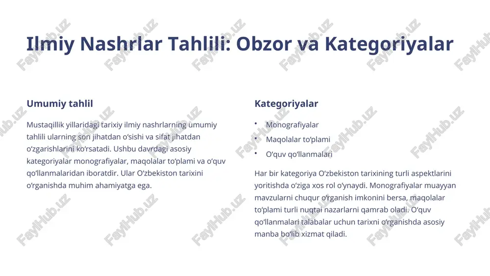 kengaydi. bu tarixiy voqealarni yangicha talqin qilish imkonini berdi. 3 ma’naviy qadr-qimmatlar tarix ma’naviy qadr-qimmatlarni tiklashda muhim rol o‘ynadi. milliy o‘zlikni anglash, vatanparvarlik tuyg‘ularini rivojlantirish va milliylikni saqlab qolishda tarixiy ma’lumotlar muhim ahamiyatga ega bo‘ldi. bu jamiyatning ma’naviy yuksalishiga xizmat qildi. 3 muammolar va bahslar: qayta ko‘rib chiqish va yangi interpretatsiyalar bahsluga sabab bahsluga sabab bo‘layotgan tarixiy shaxslar va voqealar mavjud. tarixiy faktlarni qayta ko‘rib chiqish va interpretatsiya qilishda ziddiyatlar kelib chiqishi mumkin. mustaqil tarixiy tafakkurning shakllanish jarayoni davom etmoqda. ziddiyatlar tarixiy faktlarni qayta ko‘rib chiqish va interpretatsiya qilishdagi ziddiyatlar turlicha yondashuvlar va nuqtai nazarlar tufayli yuzaga keladi. turli olimlar va tadqiqotchilar tarixiy voqealarni turli aspektlardan o‘rganib, ularga o‘zgina xarakterda baho beradilar. bu ziddiyatlar tarixni o‘rganish jarayonini qiziqarli qiladi. tafakkur shakllanishi mustaqil tarixiy tafakkurning shakllanish jarayoni uzoq vaqt talab etadi. bu tarixiy ma’lumotlarni tanlash, tahlil qilish va umumiy xaulosalar chiqarishda mustaqil fikrlashni takozo etadi. shuningdek, xolis va obyektiv bo‘lish muhimdir. …