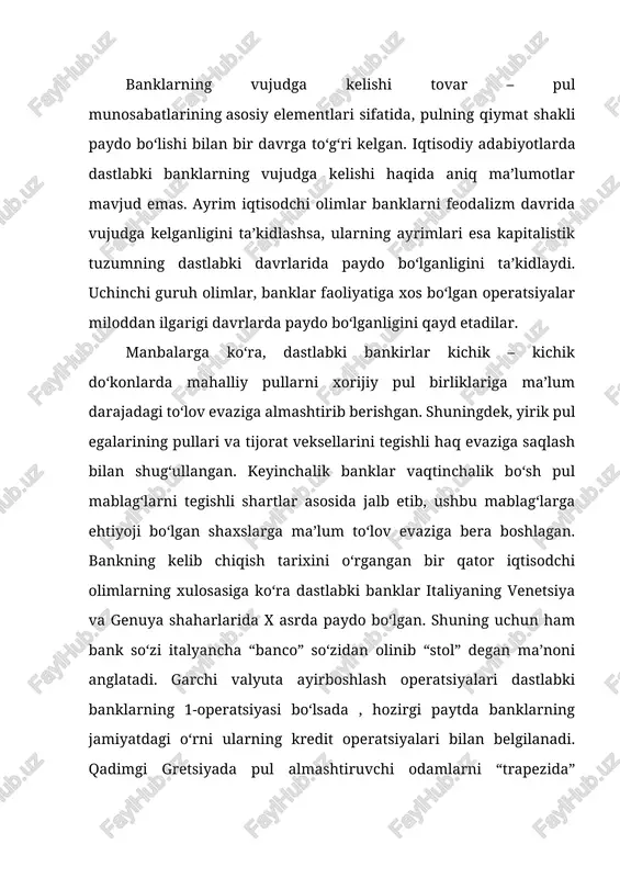 i. ular sirasiga: omonatga foiz to‘lovlari asosida pullar qabul qilingan, yozma shaklda ssuda va kredit berish, xattoki «gudu» (hudu-«gudu») deb nomlangan bank biletlarini chiqarish kirgan. bobilda «igibi» bankirlar uyining bir muncha murakkabroq vazifalarini alohida ta’kidlab o‘tish mumkin. «igibi» banki mijozlar hisobiga vositachilik orqali savdo-sotiqda va to‘lovda ishtirok etish, pul omonatlari qabul qilingan, kredit berilgan (bunda omonatchi omonatiga foiz to‘lovlarini natural shaklda olgan, ya’ni omonatchi bankdan pul olgan shaxsning xosilini bir qismiga egalik qilish xuquqi berilgan), shartnomalarga kafil bo‘lish, turli savdo tadbirlarini moliyalashtirish, turli akt va shartnomalarni rasmiylashtirishda maslaxatchi hamda vakolatli shaxs sifatida ishtirok etganlar. qadimgi bobildagi bank tizimini xuquqiy asoslari shox xammurapi qonunlarida er.av. xvii asrda belgilab qo‘yilgan. bu qonunda sudxo‘rlik foizlarini ta’qiqlovchi qoidalar ham ko‘rsatilgan. bunga ko‘ra yillik puldagi foiz mikdori 20% yoki hosilning 1/3 qismidan ko‘p bo‘lmasligi. yana sudxo‘rlik foizlarini to‘lay olmagan insonlarni qullik bo‘lish muddatini 3 yil qilib belgilangan. 1401-yili turli savdo uyushmalari birlashtirilib, mashhur muqaddas grigoriy …