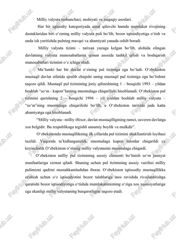 lariga mos ravishda rivojlantirishga qaratishi bozor iqtisodiyotiga o‘tishda mamlakatimizning o‘ziga xos xususiyatlariga ega ekanligi milliy valyutaning barqarorligini taqozo etadi. hozirgi kunimiz, iqtisodiyotimizning rivojlanishida amalga oshirilayotgan iqtisodiy jarayonlar, katta qurilishlar va moliyalashtirishlar, o‘zbekiston iqtisodiy mustaqillikka ko‘rsatib turibdi. zero, mustaqil pul tizimiga ega bo‘lmasdan iqtisodiy jihatdan mustaqil davlat barpo etish mumkin emas. har bir davlatda pulga yuklatilgan vazifalarni samarali bajarilishi iqtisodiy va ijtimoiy o‘sishni rag‘batlantiradi, pul qadrini tushishi esa tartibsizlikka, jamiyat rivojlanishidaboshqa to‘sqinliklarpaydo bo‘lishiga olib kelishi mumkin. pulning barqarorligi deganda, pulning sotib olish qiymatining o‘zgarmasligi va valyuta doimiyligi tushiniladi. pulning sotib olish qobiliyati shu pul birligiga to‘g‘ri keluvchi tovar va xizmatlar miqdori bilan ifodalanadi. binobarin, pulning sotib olish qobiliyatini ifodalovchi “ko‘rsatkich” tovarlar va xizmatlar bahosi (oshadigan bo‘lsa bu hol pulning sotib olish qobiliyati tushganini ko‘rsatadi va aksincha) hisoblanadi. agar tovar va xizmatlar bahosi barqaror bo‘lsa, pulning sotib olish qobliyati ham barqaror bo‘ladi. agar pul o‘zgarmagan sharoitda tovarlar bahosi oshadigan bo‘lsa, bu hol …