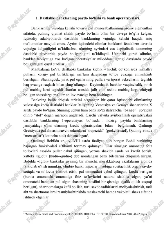 retsiyada pul almashtiruvchi odamlarni “trapezida” (grekcha-stol), qadimgi rimda “mensarilar”( lotincha-stol) deb atashgan[footnoteref:1]. [1: “money, bank credit and economic cycles”. jesús huerta de soto. second edition 2009. 41-42 pages.] qadimgi bobilda er. av. viii asrda faoliyat olib borgan bobil bankining bajargan funksiyalari e’tiborni tortmay qolmaydi. ular sirasiga: omonatga foiz to‘lovlari asosida pullar qabul qilingan, yozma shaklda ssuda va kredit berish, xattoki «gudu» (hudu-«gudu») deb nomlangan bank biletlarini chiqarish kirgan. bobilda «igibi» bankirlar uyining bir muncha murakkabroq vazifalarini alohida ta’kidlab o‘tish mumkin. «igibi» banki mijozlar hisobiga vositachilik orqali savdo-sotiqda va to‘lovda ishtirok etish, pul omonatlari qabul qilingan, kredit berilgan (bunda omonatchi omonatiga foiz to‘lovlarini natural shaklda olgan, ya’ni omonatchi bankdan pul olgan shaxsning xosilini bir qismiga egalik qilish xuquqi berilgan), shartnomalarga kafil bo‘lish, turli savdo tadbirlarini moliyalashtirish, turli akt va shartnomalarni rasmiylashtirishda maslaxatchi hamda vakolatli shaxs sifatida ishtirok etganlar. qadimgi bobildagi bank tizimini xuquqiy asoslari shox xammurapi qonunlarida er.av. xvii asrda belgilab …