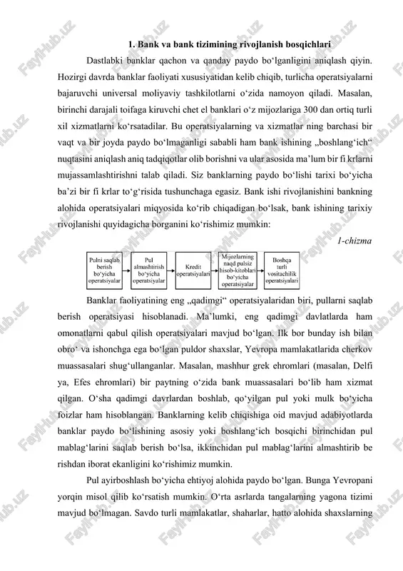 hidan pul mablag‘larini saqlab berish bo‘lsa, ikkinchidan pul mablag‘larini almashtirib be rishdan iborat ekanligini ko‘rishimiz mumkin. pul ayirboshlash bo‘yicha ehtiyoj alohida paydo bo‘lgan. bunga yevropani yorqin misol qilib ko‘rsatish mumkin. o‘rta asrlarda tangalarning yagona tizimi mavjud bo‘lmagan. savdo turli mamlakatlar, shaharlar, hatto alohida shaxslarning tangalari orqali olib borilgan. barcha tangalar turli vazn, shakl va nominalga ega bo‘lgan. tangalar bilan shug‘ullanuvchi va ayirboshlashni olib bora oladigan mutaxassislar o‘z ayirboshlash stollari bilan qizg‘in savdo ke tayotgan joylarda ish olib borishgan. shu bois, „bank“ so‘zi italyancha „banco“ – „ayirboshlovchining oldidagi stol“ degan ma’noni anglatuvchi so‘zdan kelib chiqqan. bunga o‘xshash operatsiyalar bundan ancha avvalgi davrlarda qadimgi gretsiya, rim, sharqda amalga oshirilar edi. pulni saqlash va ayirboshlash bo‘yicha operatsiyalar bilan shug‘ullanuvchi shaxslar yig‘ilgan boyliklar – pullar samarasiz, harakatsiz yotmasligi uchun mavjud mablag‘larning hech bo‘lmaganda bir qismini bo‘lsa ham vaqtinchalik foydalanishga berilsa, sezilarli foyda olish mumkinligini bilishar edi. shunday qilib, pullarni ma’lum muddatga qaytarish va foiz …
