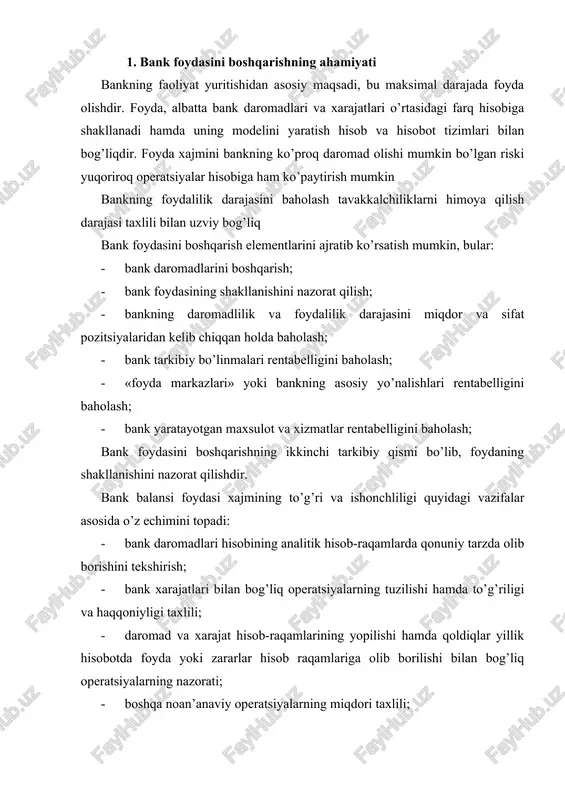 arning yopilishini tekshirish; bank daromadlari va xarajatlarining haqqoniyligi balans schyotlari turkumiga kiruvchi shaxsiy schyotlar yordamida tekshiriladi. bunda taxlil qilinayotgan davrni umumiy yoki tanlanma (ma’lum bir oy bo’yicha) xolda tekshiladi va tekshirishda xujjatlarni rasmiylashtirilishi, operatsiyalar mazmuni, xisob-raqamlar bo’yicha berilgan provodkalar to’g’riligi ko’rib chiqiladi. bankning daromadlari va xarajatlarini baholash uchun ularni muntazam srukturaviy taxlil qilib borish muxim axamiyat kasb etadi. bankning daromadlilik darajasi va faoliyati bo’yicha foydaliligi moliyaviy koeffitsientlar hamda strukturaviy taxlil natijalari asosida baxolanadi. bank faoliyatini strukturaviy taxlil qilishning vazifasi, ularning asosiy turlarini aniqlash, daromadlar manbaini stabilligi va saqlanib borish barqarorligini baholashdan iboratdir. taxlil, bankning o’tgan davrlar mobaynida erishgan asosiy moliyaviy ko’rsatkichlariga asosan olib boriladi. jaxon amaliyotiga ko’ra taxlil qilish davri minimum 3 yilni o’z ichiga oladi. daromadlar stabilligini baholashda, ular ikki guruxga bo’linadi: · birinchi gurux, stabil daromadlar; · ikkinchi gurux, nostabil daromadlar. birinchi guruxga bankning operatsion daromadlari, ya’ni foizli va foizsiz daromadlar kiradi. foizsiz daromadlarga bankning komission xizmat to’lovlari …