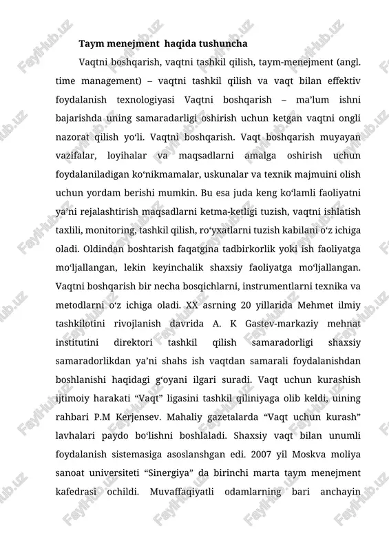 agar samaradorlikni oshirishni istasangiz, bunga qat’iy qaror qiling. ko‘pchilik aynan qarori qat’iy bo‘lmagani uchun ham vaqtini behuda sarflab qo‘yadi. xullas, ahdingiz jiddiy bo‘lsa, muvaffaqiyatlilar siri bilan tanishing: vaqtni to‘g‘ri taqsimlash samaradorlikning asosiy garovidir. taym-menejment biznes yoki karerangizni yutuqlar sari yetaklaydigan eng muhim omillardan biri sanaladi. 10/90 qoidasi hayotida muvaffaqiyatga erishganlar ko‘p vaqtini rejalashtirishga sarflaydi. kunlik rejalashtirish samaradorlikni orttirish va vaqtdan unumli foydalanish uchun zarur. esingizda bo‘lsin: to‘g‘ri rejalashtirish salbiy ko‘rsatkichlarning oldini oladi. eng yaxshisi, rejalarni qog‘ozga tushiring. bu sizga yo‘ldan adashmaslik uchun o‘ziga xos xarita vazifasini o‘tab beradi. qo‘lingizdagi ro‘yxat bilan birinchi kundanoq samaradorlik 25 foizga oshadi. ertangi qiladigan ishlaringiz ro‘yxatini bugun kechqurun tuzib qo‘ying. ishga kelganingizda, nimadan boshlashni bilasiz. kun davomida ishni rejaga muvofiq olib boring: yangi ish chiqib qolsa, muhimligiga qarab rejaga kiritib qo‘yaverasiz. amalga oshgan vazifalarni albatta ro‘yxatdan o‘chirib tashlang. bu sizga qoniqish hissini beradi, sizga kuch va g‘ayrat bag‘ishlaydi. rejani ishlarning mushkulidan osoniga, uzoq muddatlisidan qisqa …