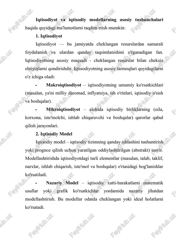 anligi ko'rsatiladi. · talab funksiyasi: iste'molchilarning o'zlari uchun qimmatli deb bilgan biror tovar yoki xizmatni qanday narxda sotib olishga tayyorligi. · ishlab chiqarish funksiyasi: ishlab chiqaruvchi korxonaning ishlab chiqarish imkoniyatlarini ifodalovchi funksiya bo'lib, resurslarning (mehnat, kapital, yer) miqdori va sifatiga qarab natija (mahsulot hajmi) qanday o'zgarishini ko'rsatadi. 4. iqtisodiy o'zgaruvchilar iqtisodiyotda turli o'zgaruvchilar mavjud, ularning har biri iqtisodiy jarayonlarga ta'sir ko'rsatadi. bular: · mustaqil o'zgaruvchilar – iqtisodiy tizimda o'zgarmas omillar yoki tashqi faktorlardir (masalan, davlat siyosati). · bog'liq o'zgaruvchilar – mustaqil o'zgaruvchilarning ta'sirida o'zgaradigan iqtisodiy o'zgaruvchilardir (masalan, talab, ishlab chiqarish). 5. iqtisodiy resurslar iqtisodiyotda barcha jarayonlar cheklangan resurslar bilan amalga oshiriladi. bu resurslar quyidagilardan iborat: · mehnat resurslari – ish kuchi, odamlar tomonidan bajarilgan ishlar. · kapital resurslari – ishlab chiqarish uchun zarur bo'lgan jihozlar, mashinalar, binolar va boshqa moddiy resurslar. · tabiat resurslari – yer, suv, minerallar, neft va gaz kabi tabiiy boyliklar. · korxona resurslari – ishlab chiqarishda …
