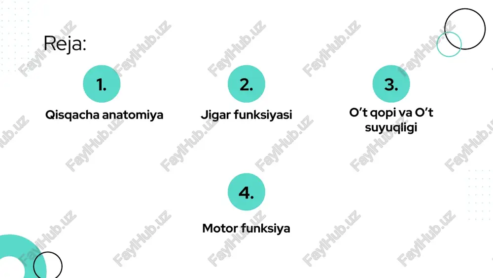 mochevina va xolestirin sintezi turli qon deposi (650 ml) eritropoez (fetal davrda) ayrim gormonlar inaktivatsiya qilinadi(insulin glukagon vasopressin), ayrimlari kamaytirilib biriktiriladi (adrenal va gonodal steroid garmonlar) rbc parchalanishi o’t qopining funksiyalari saqlov o’t suyuqligini saqlash o’tning konsentratsiyasi o’t qopi shilliq qavati suyuqlik va elektrolitlarni so’rib oladi shunga o’t qopi o’t suyuqligi zichroq , to’qroq va shilimshiqroq bo’ladi o’t suyuqligi ph iga ta’sir o’t qopi shilliq qavati gidrokorbanat(asosan), na+ va cl- ni jadal absorbsiya qilgani uchun ph 8-8.6 dan 7-7.6 tushuriladi shilliq ishlab chiqarish shilliq ichaklar yuzasini qoplaydi o’t suyuqligi tarkibi suv va qattiq moddalar organik anorganik o’t tuzlari, o’t pigmetlari, xolestirin, litisin, yog’ k-ta na , k , ca , hco3 , cl o’t tuzlari xoliy k-ta xenodioksixoliy k-ta (xolesterindan gepatositda sintez qilinadi) 2 lamchi tuzlar dioksixoliy k-ta litoxoliy k-ta (yo’g’on ichak bac lari ishtirokida 1 lamchilarda hosil bo’ladi) 1 lamchi tuzlar k-ta lar> + glitsin yoki taurine> + na …