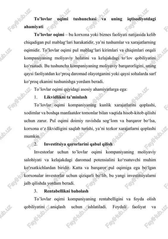 yoki qayta moliyalashtirish qarorlarini qabul qilishda ushbu ko‘rsatkichdan foydalanadi. 5. strategik rejalashtirish va byudjetlash korxona moliyaviy rejalashtirish, byudjet tuzish va strategik qarorlarni qabul qilishda to’lovlar oqimidan foydalanadi. pul oqimlarini to‘g‘ri rejalashtirish korxonaning uzoq muddatli moliyaviy barqarorligini ta’minlaydi va kerakli resurslarni aniqlashga yordam beradi. 6. risklarni boshqarish to’lovlar oqimi tahlili orqali korxona moliyaviy risklarini boshqarishi mumkin. masalan, agar pul oqimlari o‘zgaruvchan yoki pasaygan bo‘lsa, bu kelajakda moliyaviy qiyinchiliklar paydo bo‘lishidan ogohlantiradi va zaruriy choralar ko‘rishga yordam beradi. umuman olganda, to’lovlar oqimi kompaniya yoki iqtisodiyotning moliyaviy salohiyatini ko‘rsatadigan asosiy ko‘rsatkich hisoblanadi va korxonaning moliyaviy sog‘lomligini saqlash uchun u alohida ahamiyat kasb etadi. to’lovlar oqimi – bu korxona yoki tashkilotning moliyaviy faoliyati davomida tushgan kirimlar (daromadlar) va chiqimlar (xarajatlar) natijasida shakllanadigan pul mablag‘lari harakatidir. bu jarayon orqali korxona o‘z moliyaviy holatini boshqaradi, moliyaviy oqimlarini kuzatadi va ularni tahlil qiladi. to’lovlar oqimi tushunchasi barcha daromad va xarajatlarni qamrab oladi, shuningdek, investitsiya, kredit va operatsion …