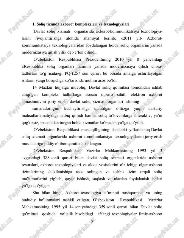 masining 1995 yil 14 sentyabrdagi 359-sonli qarori bilan davlat soliq qo’mitasi qoshida xo’jalik hisobidagi «yangi texnologiyalar ilmiy-axborot 4 markazi» (yatiam) tashkil etilgan va soliq malumotlarini qayta ishlash uchun zarur bolgan maxsus dasturiy mahsullarni yaratish ishlarini tizimli ravishda tashkil etish imkoni yaratilgan. vazirlar mahkamasining 1997 yil 11 martdagi «o’zbekiston respublikasida soliq to’lovchilarga identifikasion raqamlari berish va qo’llash tizimi to’g’risida»gi 130-sonli hamda 1999 yil 7 yanvardagi «soliq to’lovchilarning identifikasiya raqamlarini qo’llash sohasini kengaytirish to’g’risida»gi 7-sonli qarorlari qabul qilingandan so’ng, bank to’lov 15 hujjatlarida majburiy rekvizit sifatida stirning aks ettirilishi yo’lga qo’yilib, soliq qonunchiligiga rioya etilishi ustidan nazorat mexanizmini takomillashtirish imkoni yaratildi. stirlar bugungi kunda ham muhim ahamiyat kasb etib, barcha soliqqa oid axborotlarni yagona bazaga birlashtirishda asosiy me’zon bo’lib xizmat qilmoqda. o’zbekiston respublikasi vazirlar mahkamasining 1997 yil 31 dekabrdagi «davlat soliq qo’mitasining global axborot tarmog’ini tashkil etish to’g’risida»gi 580-sonli qaroriga binoan barcha hududiy soliq idoralarida yo’ldosh aloqasi tizimi o’rnatilib, korporativ axborot-tarmog’i tashkil …