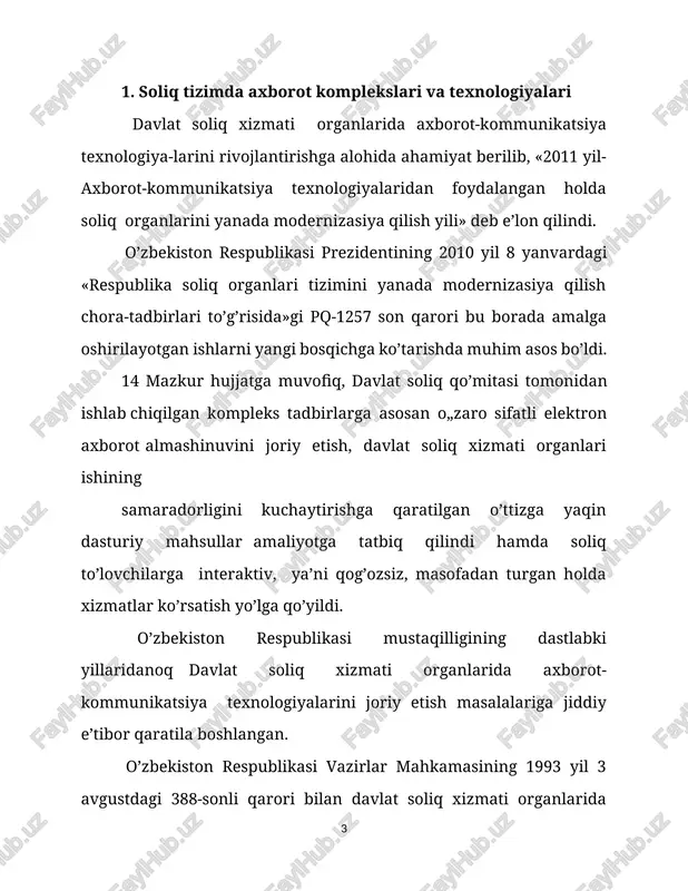 359-sonli qarori bilan davlat soliq qo’mitasi qoshida xo’jalik hisobidagi «yangi texnologiyalar ilmiy-axborot markazi» (yatiam) tashkil etilgan va soliq malumotlarini qayta ishlash uchun zarur bolgan maxsus dasturiy mahsullarni yaratish ishlarini tizimli ravishda tashkil etish imkoni yaratilgan. vazirlar mahkamasining 1997 yil 11 martdagi «o’zbekiston respublikasida soliq to’lovchilarga identifikasion raqamlari berish va qo’llash tizimi to’g’risida»gi 130-sonli hamda 1999 yil 7 yanvardagi «soliq to’lovchilarning identifikasiya raqamlarini qo’llash sohasini kengaytirish to’g’risida»gi 7-sonli qarorlari qabul qilingandan so’ng, bank to’lov 15 hujjatlarida majburiy rekvizit sifatida stirning aks ettirilishi yo’lga qo’yilib, soliq qonunchiligiga rioya etilishi ustidan nazorat mexanizmini takomillashtirish imkoni yaratildi. stirlar bugungi kunda ham muhim ahamiyat kasb etib, barcha soliqqa oid axborotlarni yagona bazaga birlashtirishda asosiy me’zon bo’lib xizmat qilmoqda. o’zbekiston respublikasi vazirlar mahkamasining 1997 yil 31 dekabrdagi «davlat soliq qo’mitasining global axborot tarmog’ini tashkil etish to’g’risida»gi 580-sonli qaroriga binoan barcha hududiy soliq idoralarida yo’ldosh aloqasi tizimi o’rnatilib, korporativ axborot-tarmog’i tashkil etilgan. davlat soliq qo’mitasining korporativ axborot …