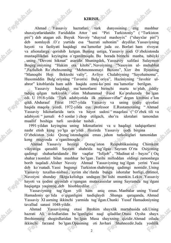 rida tug’ilgan . sayram o’rta osiyoning qadimgi shaharlaridandir . bir vaqtlar “isfijob” , “madinat ul – bayzo” ( oq shahar ) nomlari bilan mashhur bo’lgan . tarihi milloddan oldingi zamonlarga borib taqaladi .alisher navoiy ahmad yassaviyning tug`ilgan yerini yassi deb ko`rsatadi. yassi bugungi turkiston shahrining qadimgi nomidir. uning yassaviy taxallus-nisbasi , ayrim she`rlarda bunga ishoralar borligi, ehtimol, navoiyni shunday fikrga kelishga undagan bo`lishi mumkin. lekin yassaviy hayoti va ijodini qiyoslab o`rgangan mutaxassislar uning sayramda tug`ilgani haqiqatga yaqinroq ,deb hisoblaydilar. yassaviyning tug`ilgan yili ham aniq emas. manbalar uning yusuf hamadoniy qo`lida o`qiganligini tasdiqlaydi .shunga qaraganda, ahmad yassaviy xi asrning ikkinchi yarmida tug`ilgan.chunki yusuf hamadoniyning tavallud sanasi 1048-yildir. ahmad yassaviyning otasi ibrohim shayxlik martabasida edi.uning hazrati ali avlodlaridan bo`lganligini naql qiladilar.onasi oysha shayx ibrohimning shogirdlaridan bo`lgan musa shayxning qizidir.ahmad oilada ikkinchi farzand bo`lgan.opasining oti javhari shahnozdir.juda yoshlik paytlarida ota-onasi vafot etib, yetim qoladi. opasi bilan birgalikda yassiga keladi. arslonbob degan shayx qo`lida …