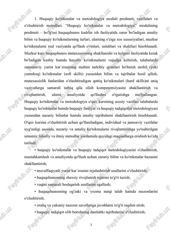 ini o'zlashtirish; • huquqshunosning shaxsiy rivojlanish rejasini to'g'ri tuzish; • vaqtni samarali boshqarish usullarini egallash; • huquqshunosning og'zaki va yozma nutqi talab hamda mezonlarini o'zlashtirish; • oraliq va yakuniy nazorat savollariga javoblarni to'g'ri taqdim etish; • huquqiy tadqiqot olib borishning dastlabki tajribalarini o'zlashtirish; • mantiqiy va tanqidiy fikrlash tajribasini hamda huquqiy faoliyatga doir ma'lumotlar bilan mustaqil ishlash ko'nikmasini shakllantirish; • tasirchan rez`yume va boshqa shaxsiy biografiy ma'lumotlar tuzishni o'rganish; • yuristlar jamoasi hamda jamiyatda ijobiy shaxsiy imijni shakllantirish usullarini o'zlashtirish; • huquqiy etika va huquqshunoslar kasb axloqiga oid talablarni bilish; • talabaning mustaqil ta'lim olishi, fikrlashi, o'zlashtirayotgan fanlari va bo'lg'usi mehnat faoliyatiga ijodiy yondashishiga ko'maklashish. 2. “soft skills” (mobil ko'nikmalar) mohiyati, uning huquqshunos mutaxassis shakllanishdagi roli. oliy o'quv yurtini tamomlagan mutaxassis mehnat bozoriga kirib borar ekan, uning munosib ishga ega bo'lishi, ko'zlagan kar`erasiga erishishi uchun ta'lim muassasasida olgan bilimlari kifoya qiladimi? albattaki, yo'q! buning boisi shundaki, ta'lim muassasasida o'tilayotgan fanlardagi …