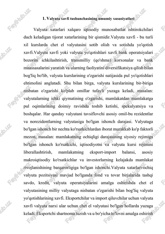 uvchilar uchun valyuta xavfi valyuta narxi ular uchun chet el valyutasi bo'lgan hollarda yuzaga keladi. eksportchi shartnoma tuzish va u bo'yicha to'lovni amalga oshirish o'rtasidagi davrda narxning milliy valyutasiga nisbatan pasayishi bilan zarar ko'radi. import qiluvchi uchun zararlar kursning qarama-qarshi harakati bilan yuzaga keladi. ikkala holatda ham, irratsional valyutalardagi ekvivalentlar eksport qiluvchi import qiluvchi shartnoma imzolangan paytda hisoblangan miqdorlardan noqulay tomonga farq qiladi. qarzdorlar va kreditorlar kredit yoki kredit ular uchun xorijiy valyutada, shu jumladan davlat tashkilotlari va banklarda ifodalanganda valyuta xavfiga duch kelishadi. mamlakatlarning rasmiy valyuta zaxiralari ham valyuta xavfiga duchor bo'lmoqda. valyuta xavfi quyidagilarga bo'linadi: - operatsion; - tarjima; - iqtisodiy. operatsion tavakkalchilik asosan savdo operatsiyalari, shuningdek moliyaviy investitsiyalar va dividend (foiz) to'lovlari bo'yicha pul operatsiyalari bilan bog'liq. ham pul oqimi, ham foyda darajasi operatsion xavf ostida. ushbu xavfni valyuta kursidagi o'zgarishlarning kutilayotgan pul oqimlariga bevosita ta'siri natijasida foyda olish yoki yo'qotishlarni boshdan kechirish imkoniyati sifatida aniqlash mumkin. …