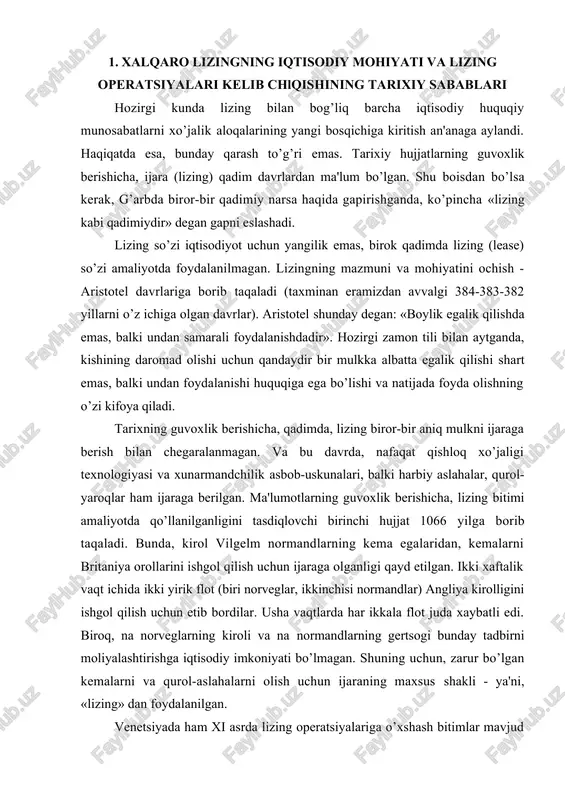 l vilgelm normandlarning kema egalaridan, kemalarni britaniya orollarini ishgol qilish uchun ijaraga olganligi qayd etilgan. ikki xaftalik vaqt ichida ikki yirik flot (biri norveglar, ikkinchisi normandlar) angliya kirolligini ishgol qilish uchun etib bordilar. usha vaqtlarda har ikkala flot juda xaybatli edi. biroq, na norveglarning kiroli va na normandlarning gertsogi bunday tadbirni moliyalashtirishga iqtisodiy imkoniyati bo’lmagan. shuning uchun, zarur bo’lgan kemalarni va qurol-aslahalarni olish uchun ijaraning maxsus shakli - ya'ni, «lizing» dan foydalanilgan. venetsiyada ham xi asrda lizing operatsiyalariga o’xshash bitimlar mavjud bo’lgan: venetsiyaliklar kema egalariga va sotuvchilarga usha vaqtlar juda qimmat hisoblangan kema yakorlarini ijaraga berganlar. suzish tugagandan so’ng, "po’lat qimmatliklar" egalariga qaytarilgan va yana ijaraga berilgan. xix asrning boshlarida buyuk britaniyada sanoatning rivojlanishi, asbob-uskunalarning turli xillari ko’payishi oqibatida, lizingga topshiriladigan tovarlar sonining o’sishi yuz berdi. bunda temir yo’l transporti va kumir sanoatining rivojlanishi asosiy o’rinni egalladi. ko’mir konlari egalari o’z ishlarini boshlanishida kumirni tashish uchun vagonlar sotib oldilar, birok, …