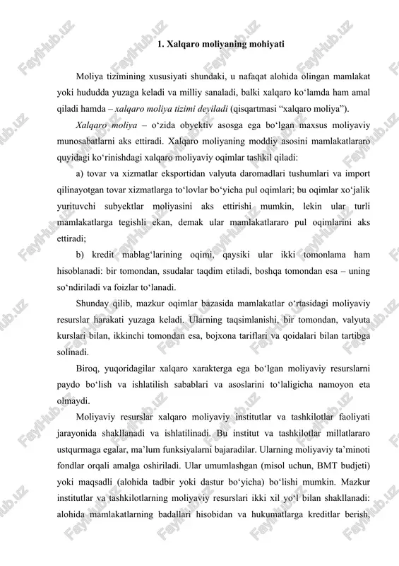 aqsadli (alohida tadbir yoki dastur bo‘yicha) bo‘lishi mumkin. mazkur institutlar va tashkilotlarning moliyaviy resurslari ikki xil yo‘l bilan shakllanadi: alohida mamlakatlarning badallari hisobidan va hukumatlarga kreditlar berish, ularni qaytarilishi va foizlar to‘lanish yo‘li bilan. moliyaviy resurslarning ma’lum bir qismini jahon darajasida markazlashtirilishi jahon xo‘jaligi ehtiyojlarini qondiradi; bunday resurslarning iqtisodiy asoslari savdoni, kreditni rivojlanishi, mamlakatlarning turli sohalardagi xalqaro loyihalar va dasturlarni amalga oshirilishidagi ishtiroki, to‘laligicha iqtisodiy integratsiyalashuvning o‘sishi hisoblanadi. shunday qilib, xalqaro moliya – bu tarkibiy jihatdan murakkab munosabatlar tizimi bo‘lib, ular xalqaro moliya bozori institutlari va xalqaro institutlar va tashkilotlar tomonidan moliyaviy resurslarni shakllantirish, taqsimlash va ishlatishni o‘z ichiga oluvchi moliyaviy resurslar harakati asosida yuzaga keladi. xalqaro moliya munosabatlarining subyektlari: davlat, korxonalar, fuqarolar, shuningdek xalqaro tashkilotlar va moliya institutlari. xalqaro moliya munosabatlar quyidagilar o‘rtasida yuzaga kelishi mumkin: · turli mamlakatlarning xo‘jalik yurituvchi subyektlari o‘rtasida; · davlat va boshqa mamlakatlarning hukumatlari va xalqaro tashkilotlar o‘rtasida; · davlat va kotxonalar o‘rtasida, xalqaro …