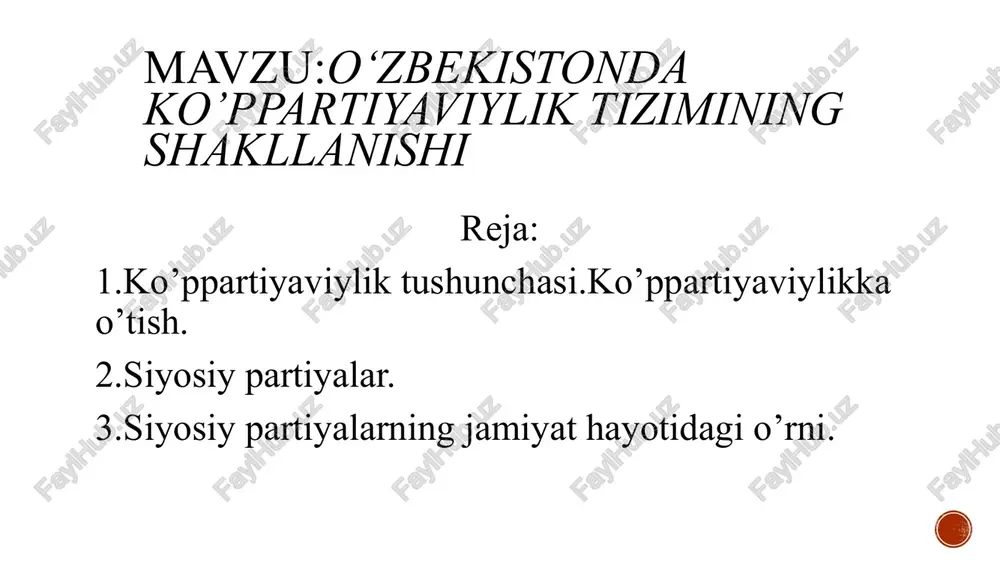 a sifatida harakat qilsa, ular amalga oshirayotgan faoliyati uchun fuqarolar oldida hisobdor bo‘ladi. siyosiy partiyalar siyosiy partiya – bu qarashlar, manfaatlar va maqsadlar mushtarakligi asosida tuzilgan, davlat hokimiyati organlarini shakllantirishda jamiyat muayyan qismining siyosiy irodasini ro‘yobga chiqarishga intiluvchi hamda o‘z vakillari orqali davlat va jamoat ishlarini idora etishda qatnashuvchi fuqarolarning ko‘ngilli birlashmasidir. siyosiy partiyalar turli tabaqa va guruhlarning siyosiy irodasini ifodalaydilar va o‘zlarining demokratik yo‘l bilan saylab qo‘yilgan vakillari orqali davlat hokimiyatini tuzishda ishtirok etadilar. partiya so‘zi lotincha “partio” so‘zidan olingan bo‘lib, “bo‘lak, bo‘laman, ajrataman”degan maʼnoni anglatadi, yaʼni butunning bir bo‘lagi, jamiyatning bir bo‘lagi degan tushunchalarni beradi. siyosiy partiyalar vujudga kelish tarixi. mustaqillik uchun kurash jarayonida vujudga kelgan bir qator siyosiy harakatlarga to‘xtalib o‘tsak, ular “birlik” harakati, “erk” partiyasidir. ularning faollari, asosan, yozuvchi va olimlardan iborat bo‘lgan. xususan, 1988-yil 11-noyabrda abdurahim po‘latov, muhammad solih tomonidan asos solingan edi. bugungi kunda o‘zbekistonda beshta siyosiy partiya rasman ro‘yxatdan o‘tgan holda faoliyat olib …