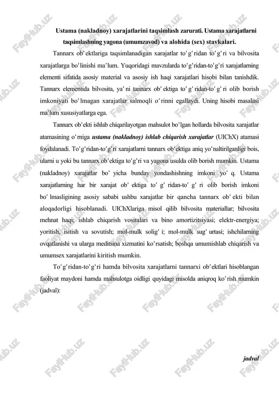 al): jadval tannarx ob’ektiga olib boriladigan to‘g‘ridan-to‘g‘ri va bilvosita xarajatlarga misollar tannarx ob’ekti to‘g‘ridan-to‘g‘ri xarajatlarga misollar bilvosita xarajatlarga misollar faoliyat maydoni: advokatlik firmalarida hujjatlar fotonusxa fotonusxa mashinasida qo‘llaniladigan kartij bo‘yogi va kog‘ozlar mashanani ishlatishda qo‘llanilgan elektro​energiya. elektro-energiya xarajatlari firmaga oid bo‘lib har bir mashina bo‘yicha o‘rnatilmagan. mahsulot: uy xo‘jaligi jihozlari mikrovolnoviy pech kompaniyasining mikrovolnoviy pechni tashkil etadigan materiallar fabrika binosi ijarasi. 200 ta turli xil mahsulot ishlab chiqarilgan bino uchun kompaniya tomonidan to‘langan ijara to‘lovi. bilvosita xarajatlar tannarx ob’ektlariga taqsimlash orqali birlashtiriladi. xarajatlarni taqsimlash - bu to‘g‘ridan-to‘g‘ri hisobga olish aniq tannarx ob’ektlarida qo‘llanilgan resurslarni aniqlash imkoniyatini bermagan hollarda yuz bergan xarajatlarning ma’lum qismini taqsimlash bazalari asosida tannarx ob’ektiga olib borish jarayonidir. masalan, korxona bir sexda bir qancha turdagi mahsulotlarni ishlab chiqaradi va sexning elektro -energiya bo‘yicha xarajatlar mahsulotlar tannarxiga qo‘shilishi kerak. bu xarajatlar asbob-uskunalarning ishlagan soatlari darajasiga ko‘proq bog‘liq bo‘ladi. xarajatlarni taqsimlashning asosiy maqsadlari quyidagilardan iborat deb qarash mumkin (jadval): …